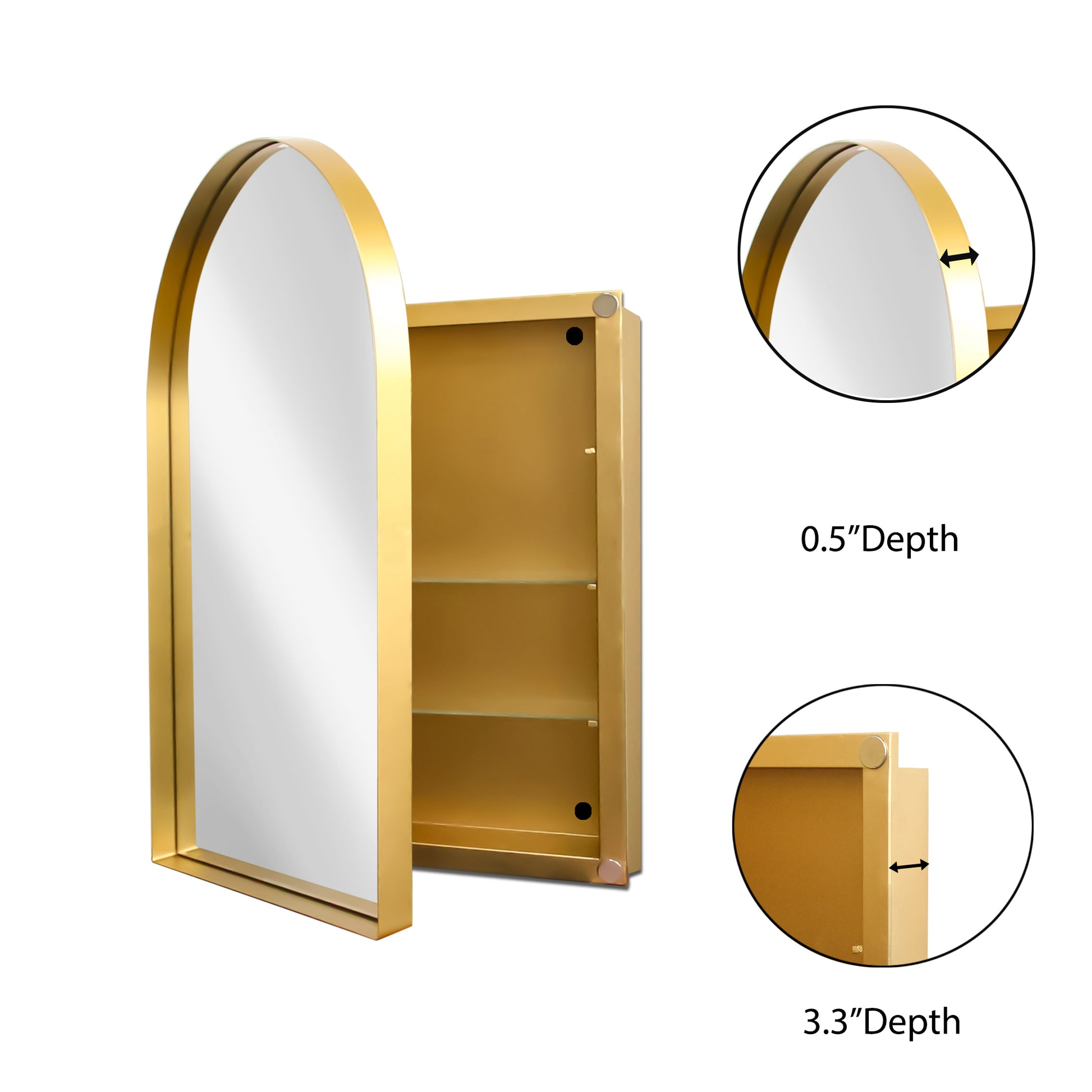 24X36 Inch Arched Recessed Medicine Cabinet, Metal Framed Bathroom Wall Cabinet With Mirror And Adjustable Shelves, Wall Mirror With Storage For Bathroom, Matte Gold Gold 2 Adjustable Shelves Bathroom Wall Mounted Metal