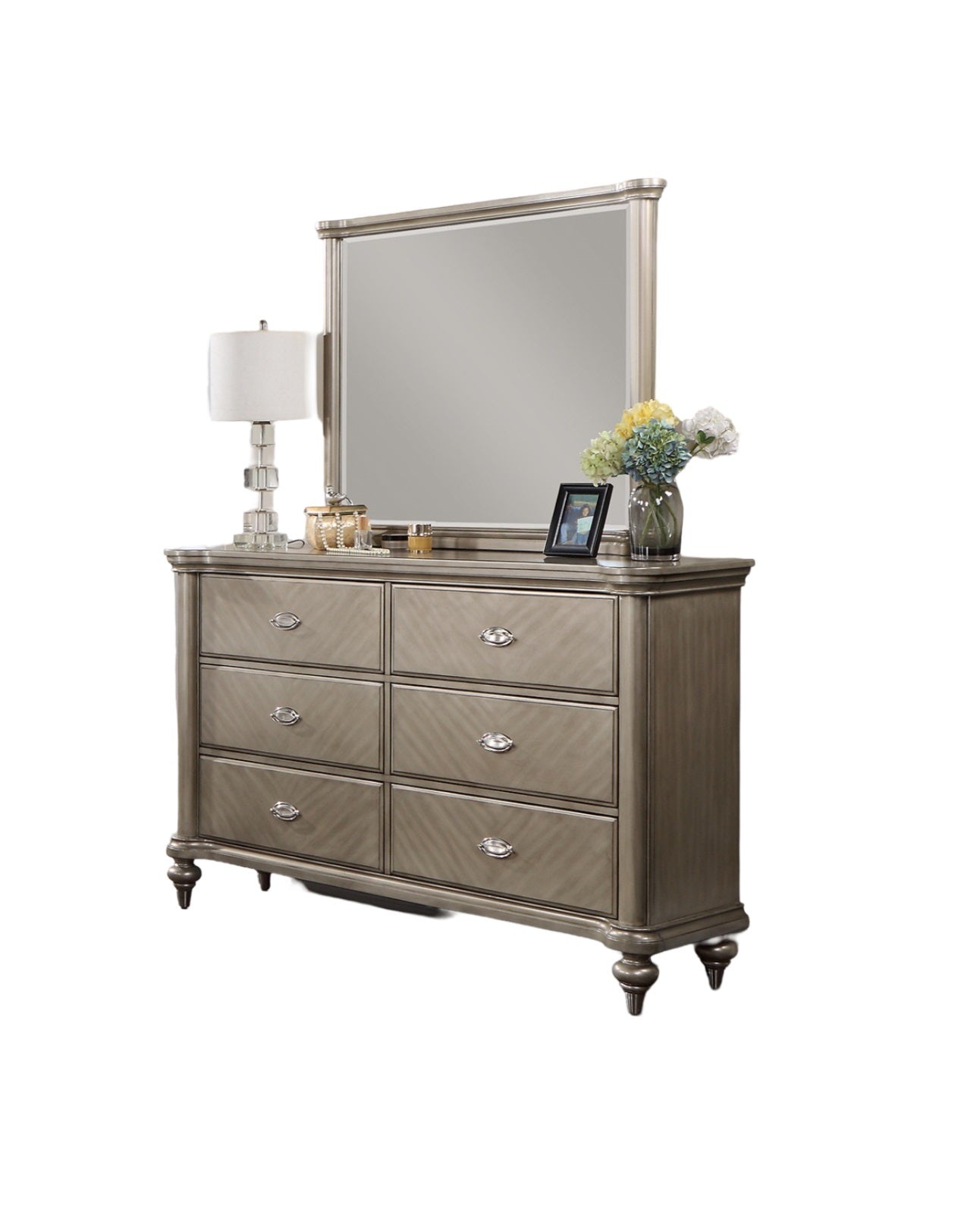 Luxury Antique Silver Champagne Finish Dresser W Mirror Storage Space Drawers Bedroom Furniture Antique Silver Bedroom Contemporary,Industrial,Modern,Transitional Rubberwood Solid Wood