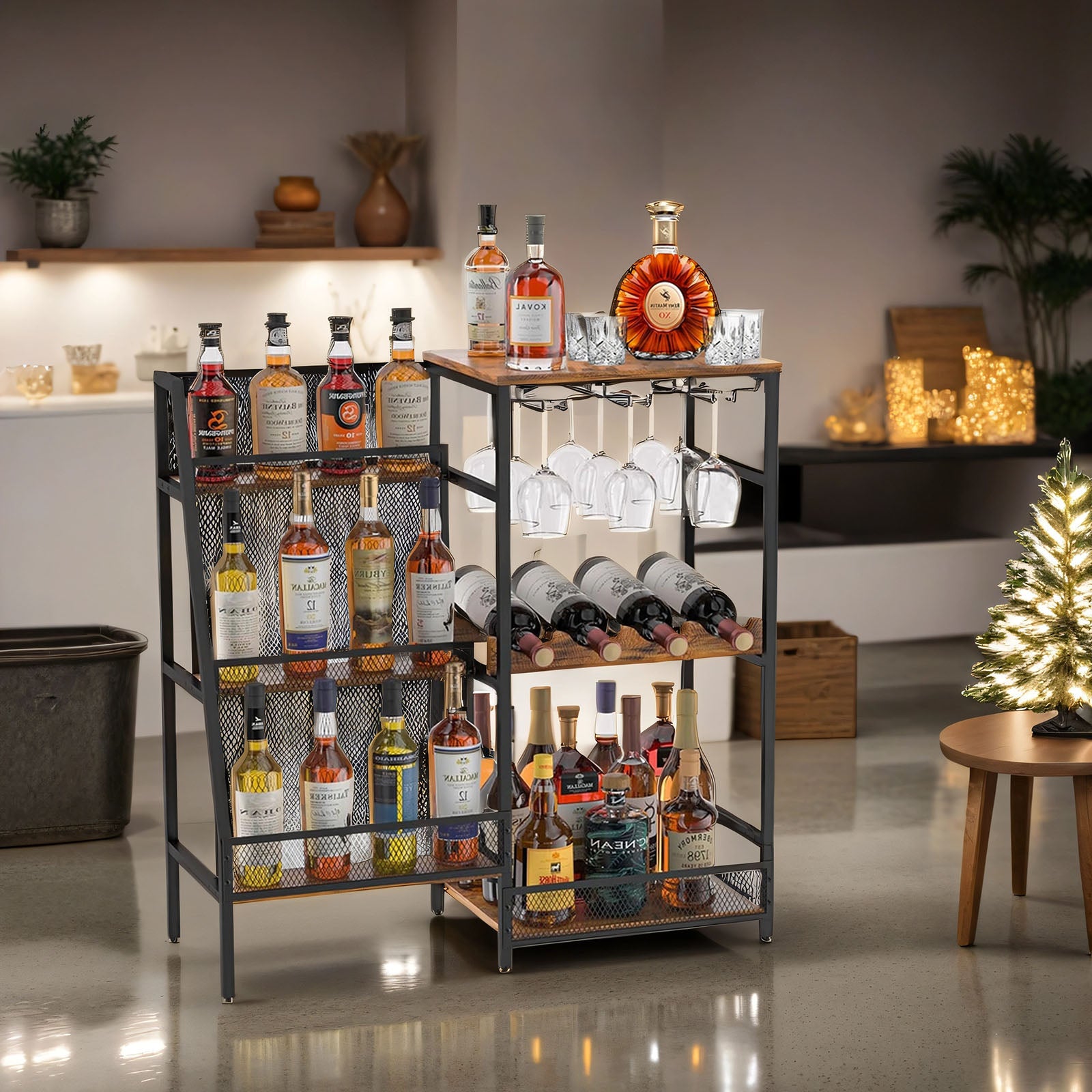 Versatile Liquor Stand For Home Bar, Wine Rack Freestanding Floor, Mini Bar Table For Liquor Whiskey Wine, 3 Tier Trapezoidal Liquor Bottle Display Shelf With Glass Holder And Fences Walnut Black