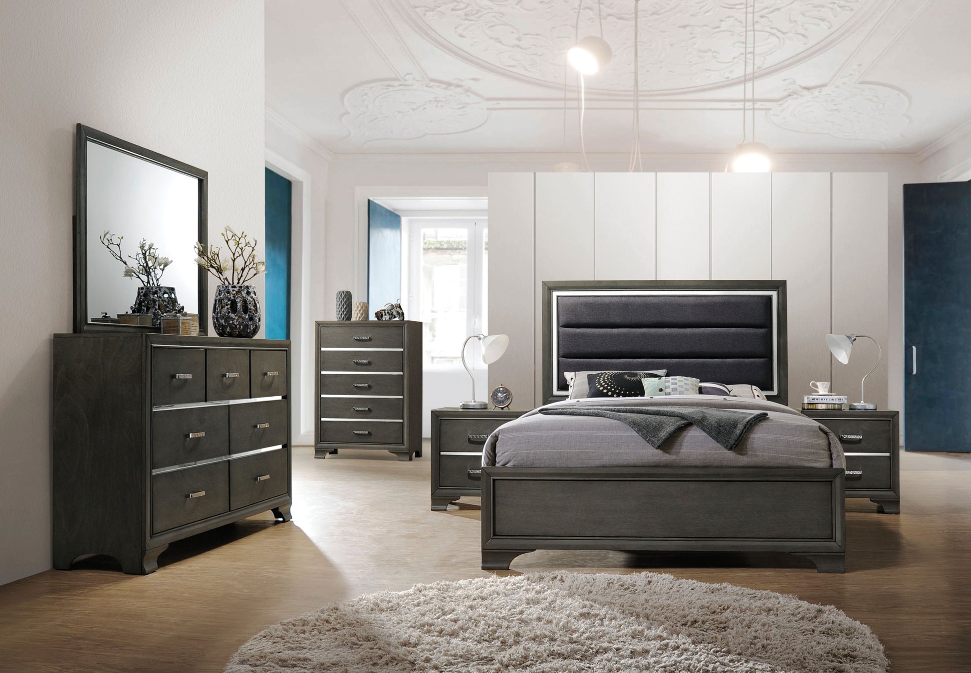 Black And Grey Queen Bed Box Spring Required Queen Black Grey Wood Bedroom Modern Rubberwood Panel Wood