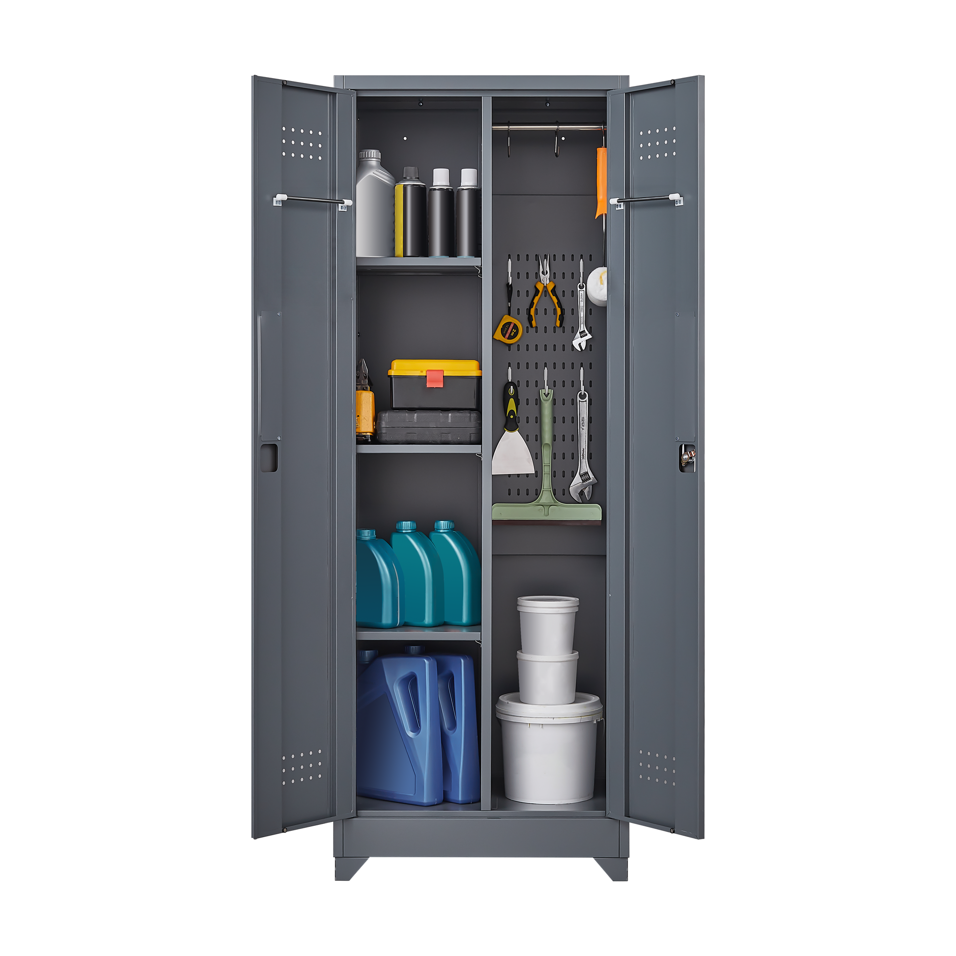 Metal Storage Cabinets, Cleaning Tool Cabinet With Locking Door, Tall Broom Tool Organizer And Storage, Large Storage Cabinet For Kitchen, Pantry, Office, Shop 3 4 Shelves Grey Door Locks Modern Metal