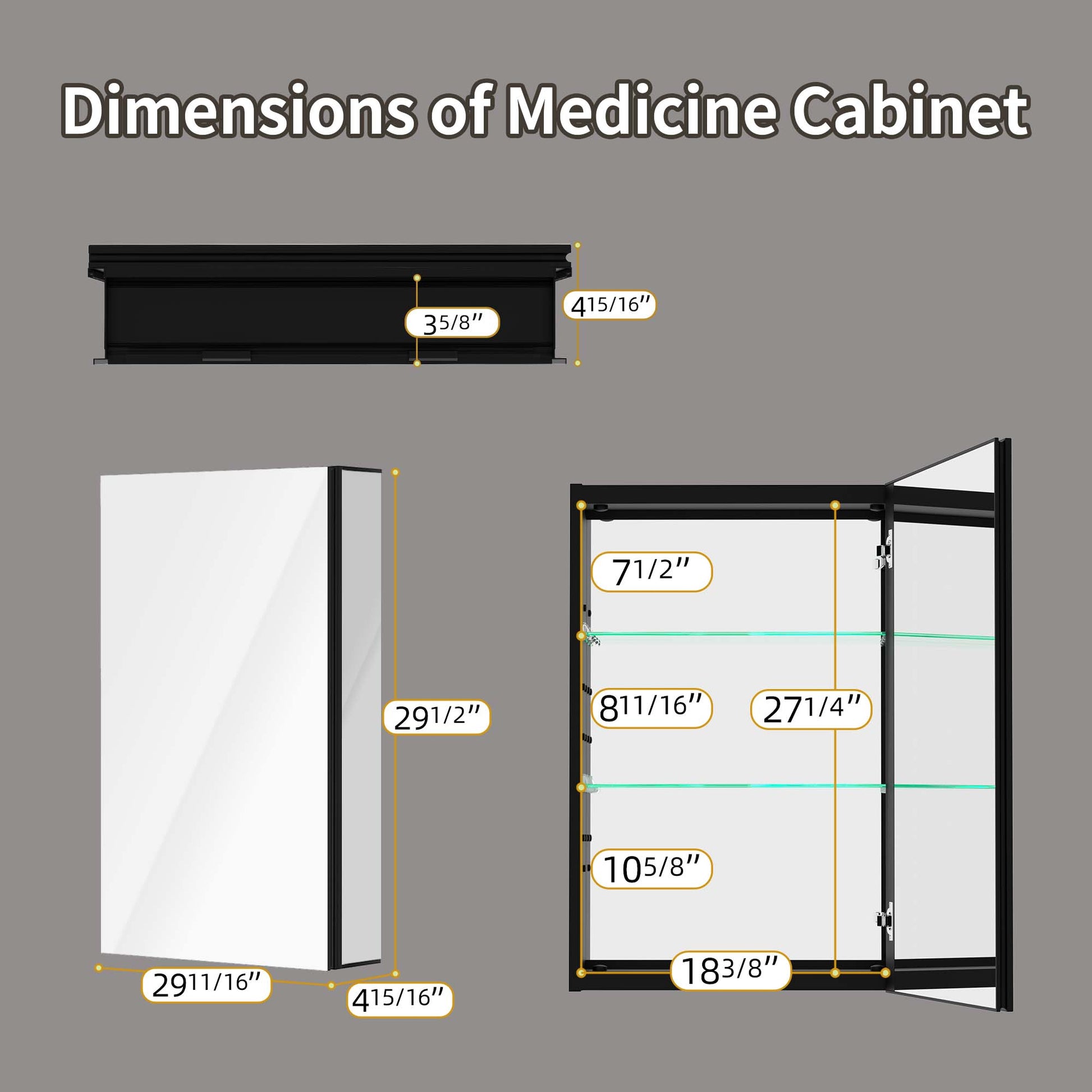 20" X 30" Lighted Medicine Cabinet With Mirror Aluminum Mirrored Cabinets For Bathroom Recessed Or Wall Mount, With Electrical Outlet Usb Anti Fog 3 Colors Light Built In Sensor Lamp Matte Black Modern Glass Aluminium Alloy