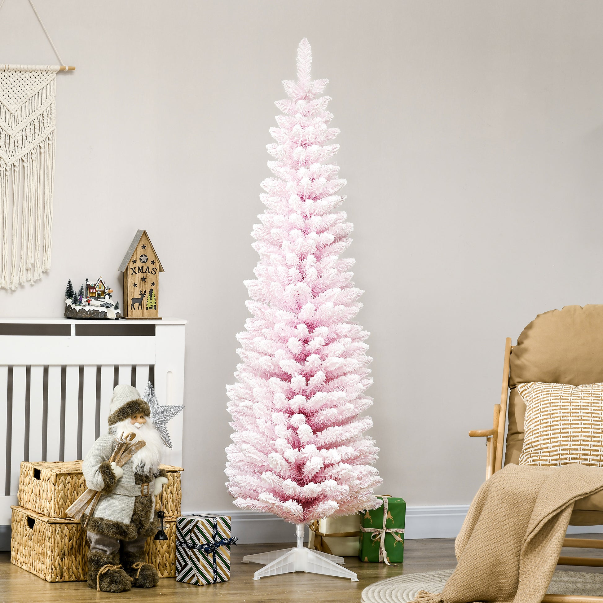 Homcom 6' Snow Flocked Artificial Pencil Christmas Tree, Slim Xmas Tree With Realistic Branches And Plastic Base Stand For Indoor Decoration, Pink Pink Plastic