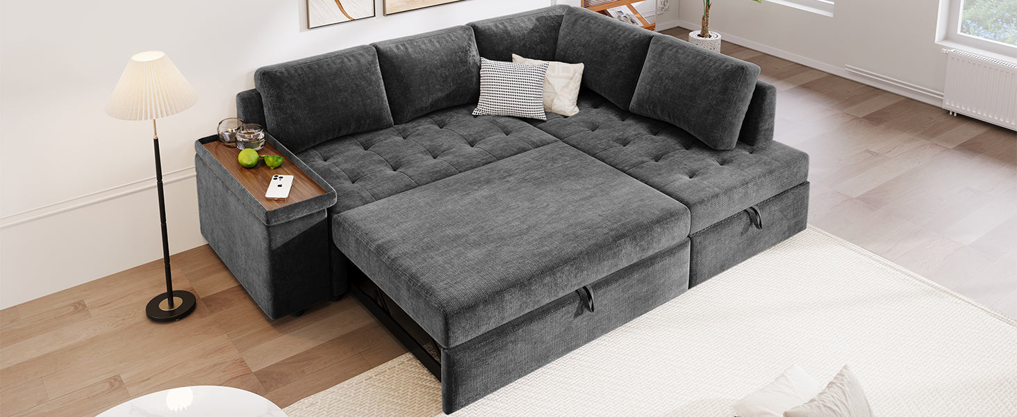 Mirod 91.5 Inch L Shaped Couch With Pull Out Bed And Storage Sectional Sleeper Sofa With Hidden Storagewide Armrest With Storage,For Living Room, Apartment, Bedroom, Office Grey Polyester 3 Seat