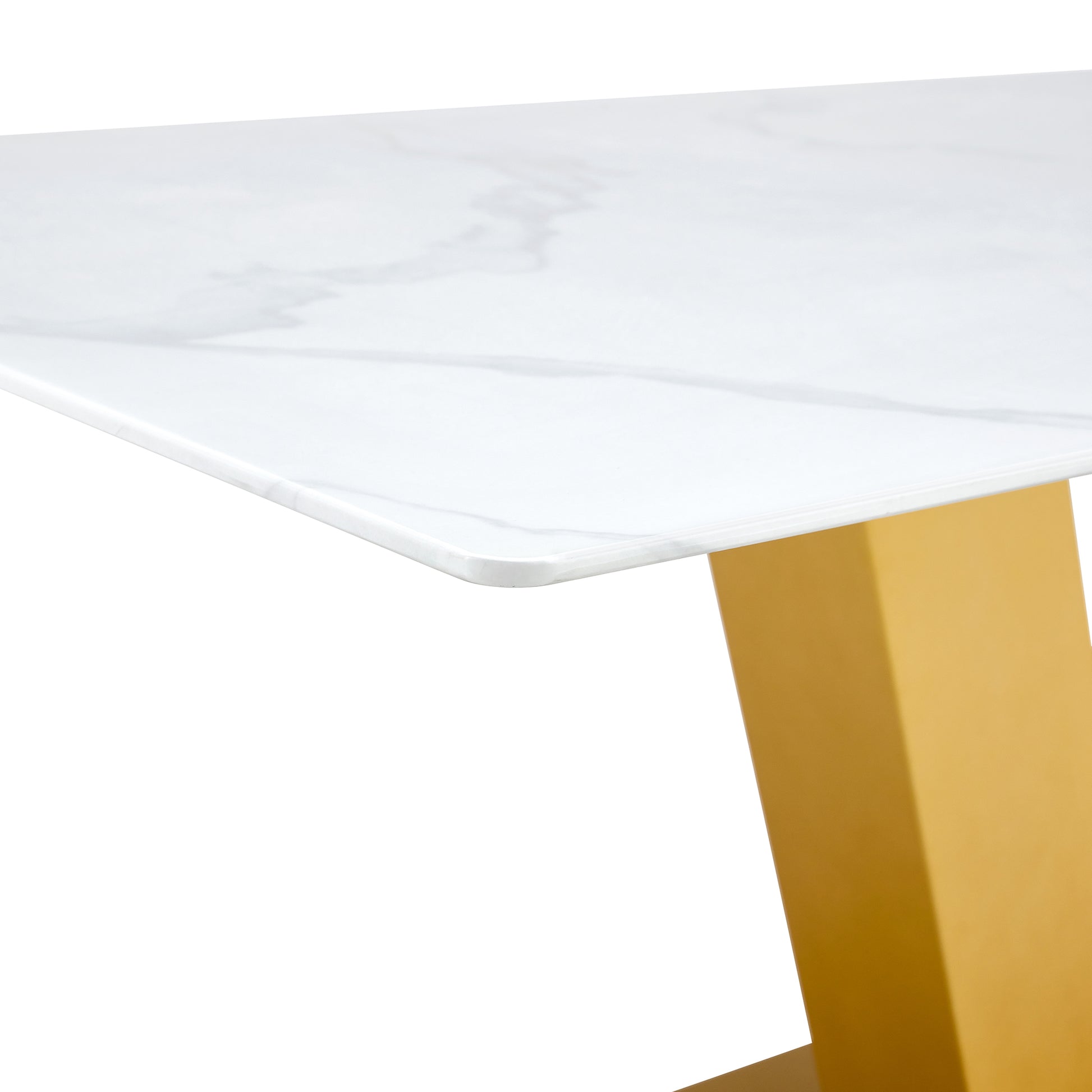 Marble Style White Dining Table For 4 8 People With 0.4 "Table Top And V Shaped Gold Mdf Table Legs Ideal For Kitchens, Dining Rooms, Living Rooms And Banquet Halls Gold Mdf Glass