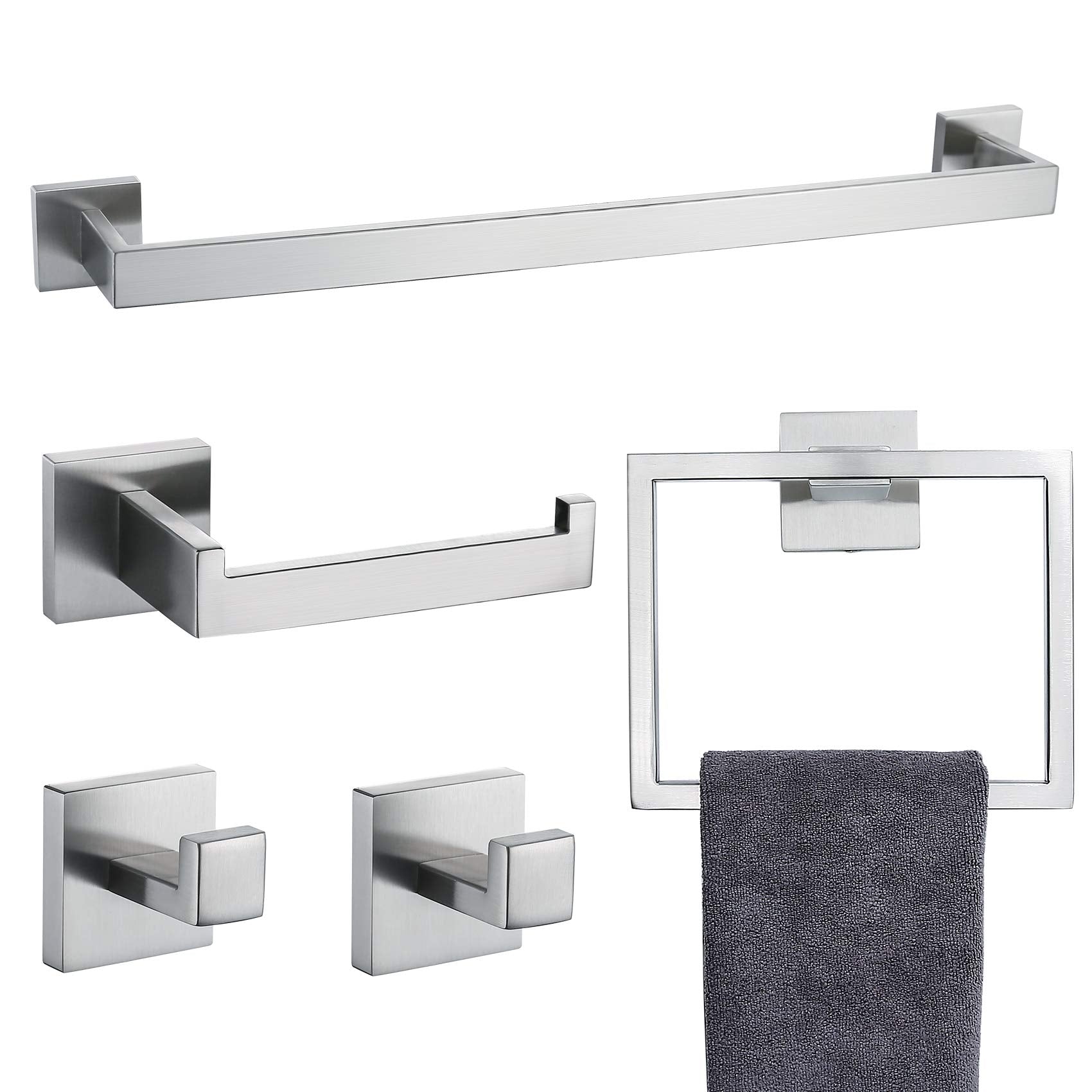 5 Pc Bathroom Accessory Set In Brushed Nickel Towel Bar Toilet Paper Holder Hook Towel Ring Brushed Nickel Stainless Steel