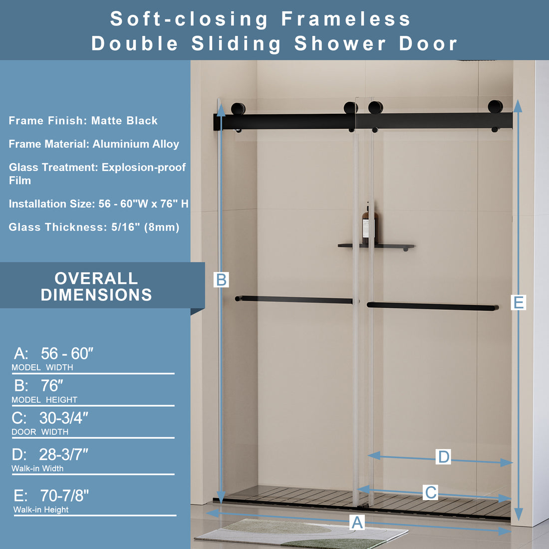 56 60 In. W X 76 In. H Frameless Soft Closing Shower Door, Double Sliding Shower Door, 5 16" 8Mm Clear Tempered Glass Shower Door With Explosion Proof Film, Matte Black 24D213 60Mb Matte Black Stainless Steel