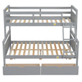 Twin Over Full Bunk Bed With Ladder, Two Storage Drawers, Safety Guardrail, Gray Box Spring Not Required Twin Gray Wood Bedroom Bunk Pine