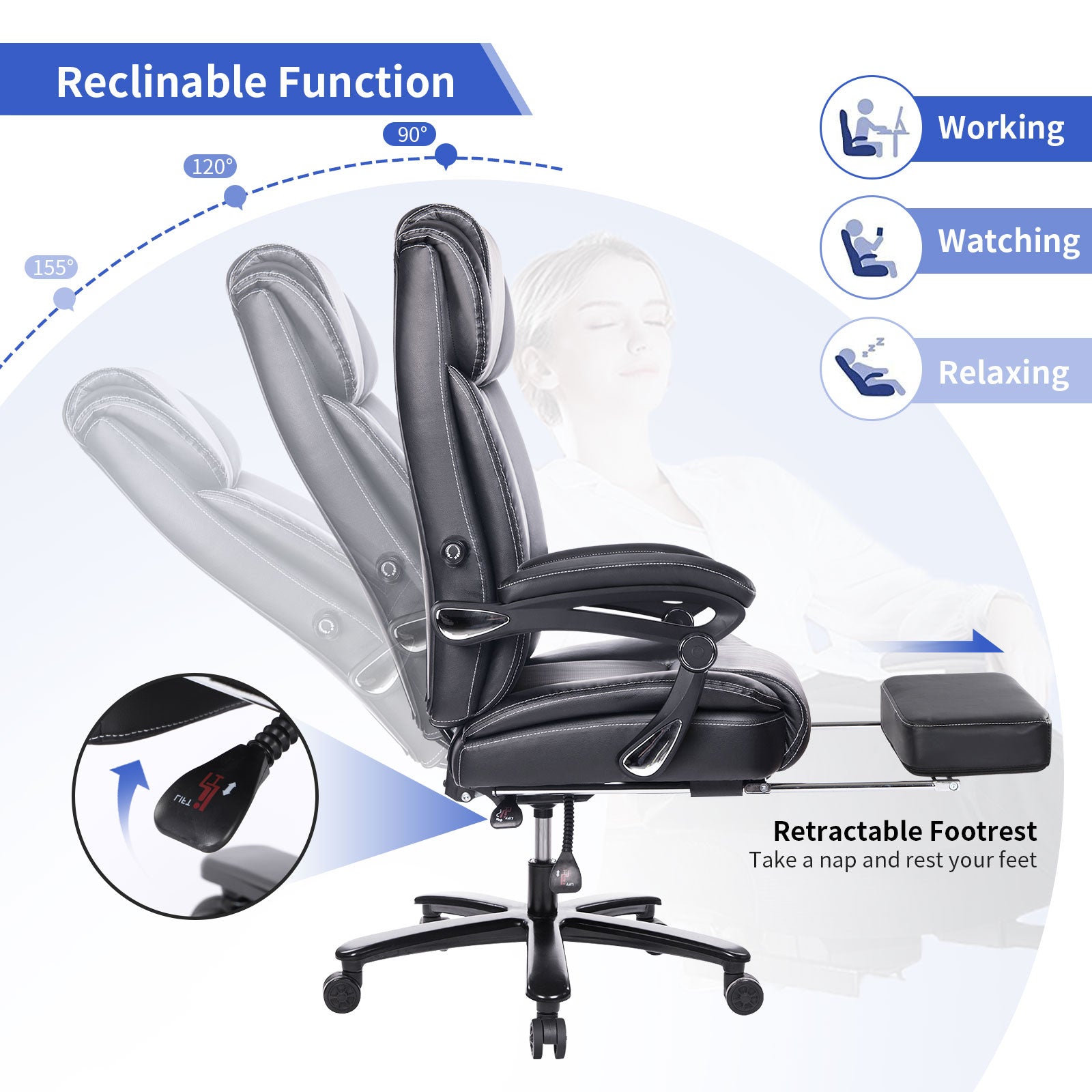 Office Chair With Footrest 400Lb Big And Tall Computer Gaming Chair Ergonomic Executive High Back Reclining Leather Desk Chair With Adjustable Lumbar Support And Heavy Duty Metal Base Metal Black Office Sponge Leather