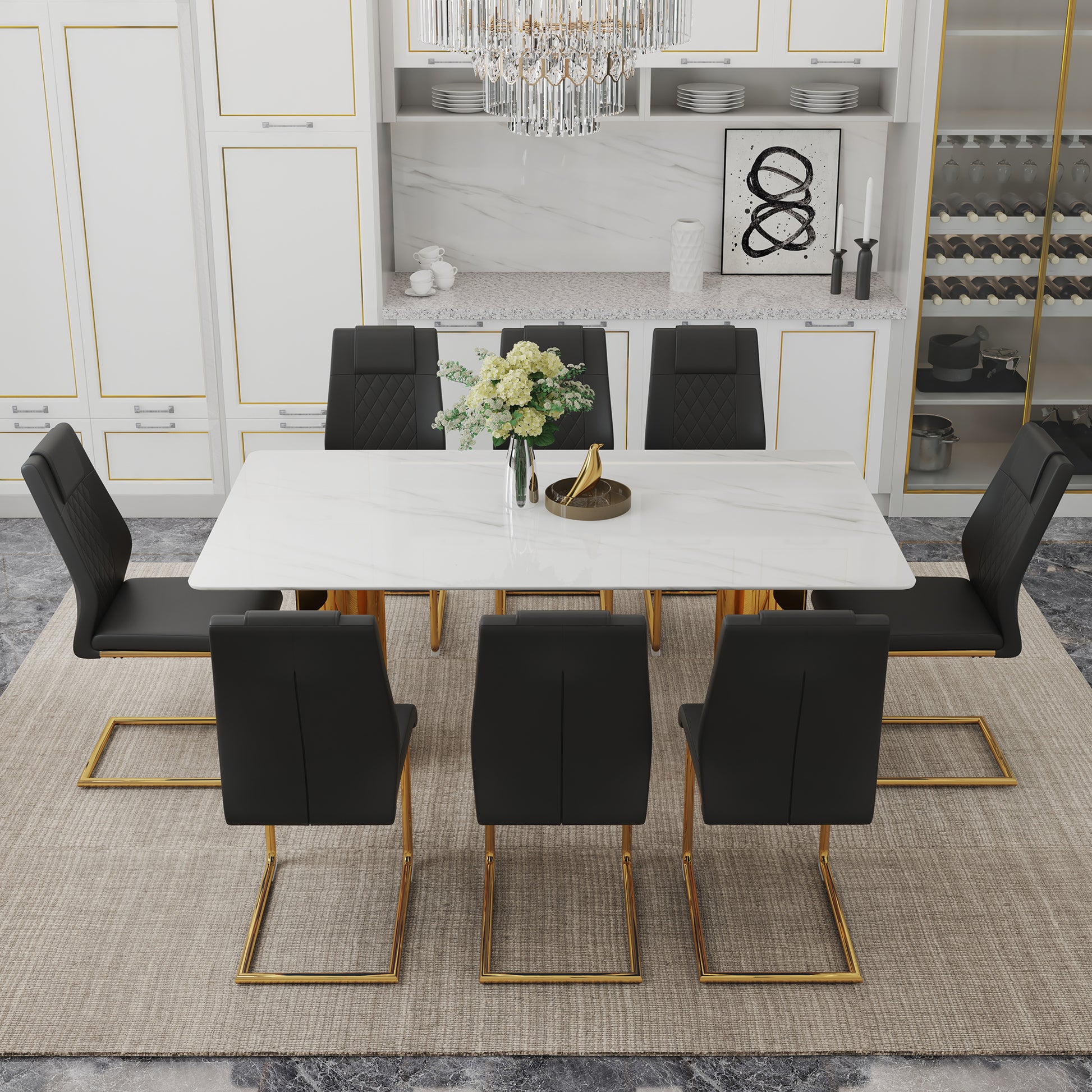 Table And Chair Set.The Table Has A Glass Tabletop With Imitation Marble Pattern Stickers And Stainless Steel Golden Table Legs. Paried With Comfortable Chairs With Pu Seats And Metal Legs. White Gold Seats 8 Glass Metal