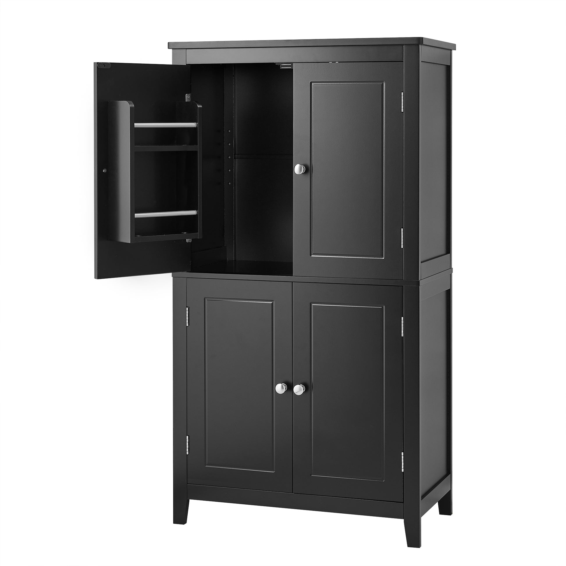 Elegant Bathroom Floor Storage Cabinet, Bathroom Storage Unit, Freestanding Cabinet With 4 Doors, Adjustable Shelves, Adaptable Shelves, Black Black Mdf