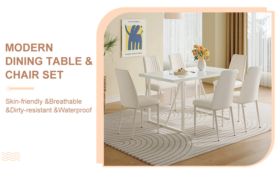 55"X31.5"Cream Style White Mdf Dining Table Set With 6 Armless Chairs.The Backrest Of The Dining Chair Is Designed With Multiple Vertical Stripes.Adding A Warm Atmosphere To Your Family. White Seats