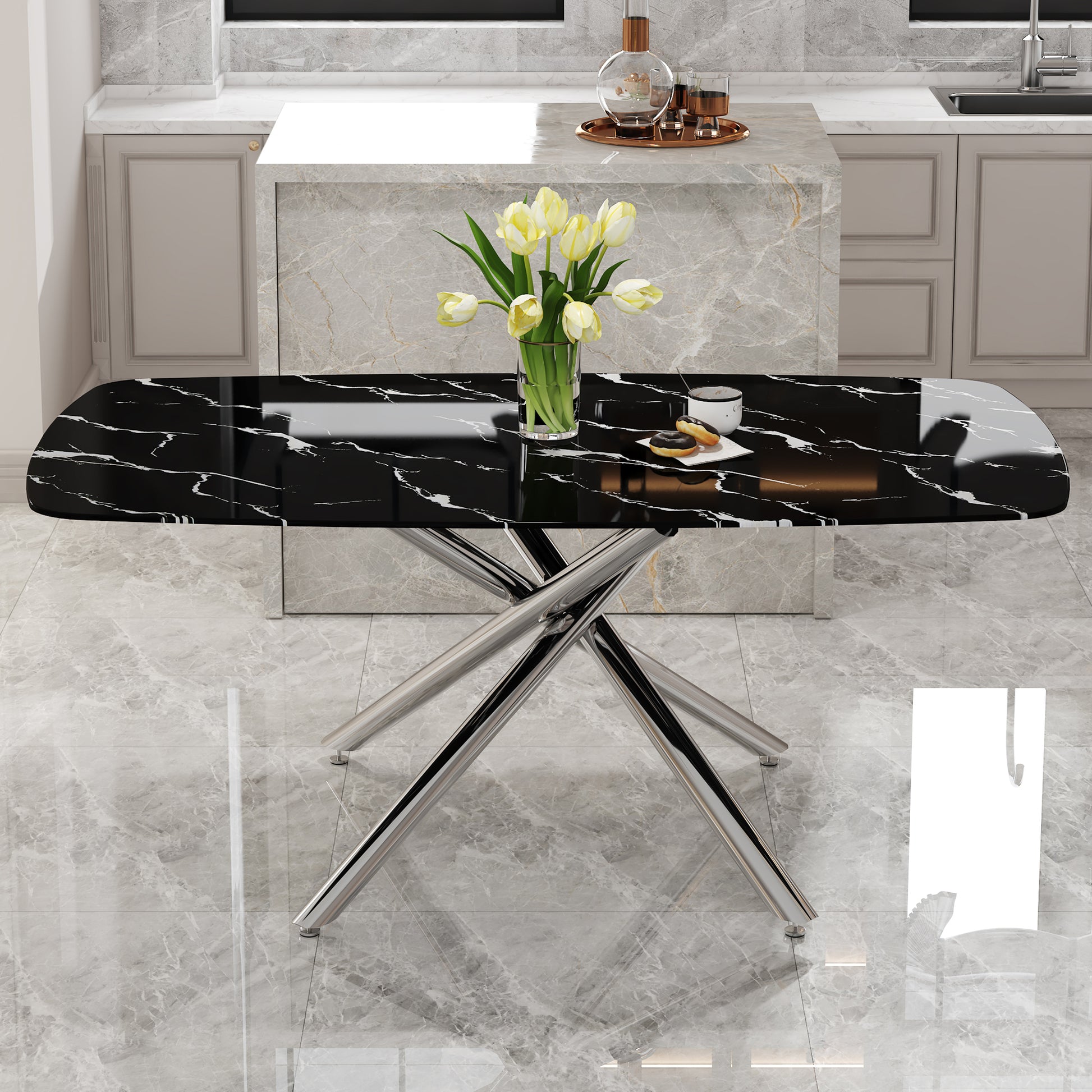 Large Modern Minimalist Rectangular Dining Table With 0.39 "Imitation Marble Black Tabletop And Silver Metal Legs, Suitable For Kitchen, Dining Room, Living Room, Conference Room, And Banquet Hall Silver Glass Metal