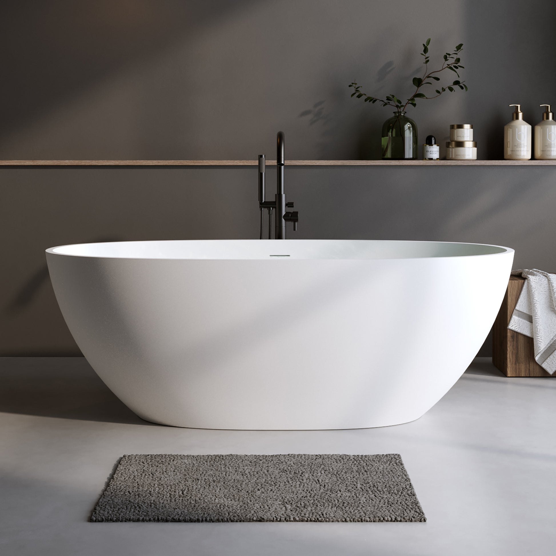 59'' Solid Surface Matte Tub, Solid Surface Soaking Tub, Stone Resin Freestanding Bathtub, Thick Edge Stand Alone Tubs With Overflow, Pop Up Drain, Matte White Oval Matte White Oval Freestanding Tubs 59 61 In Soaking Center Solid Surface