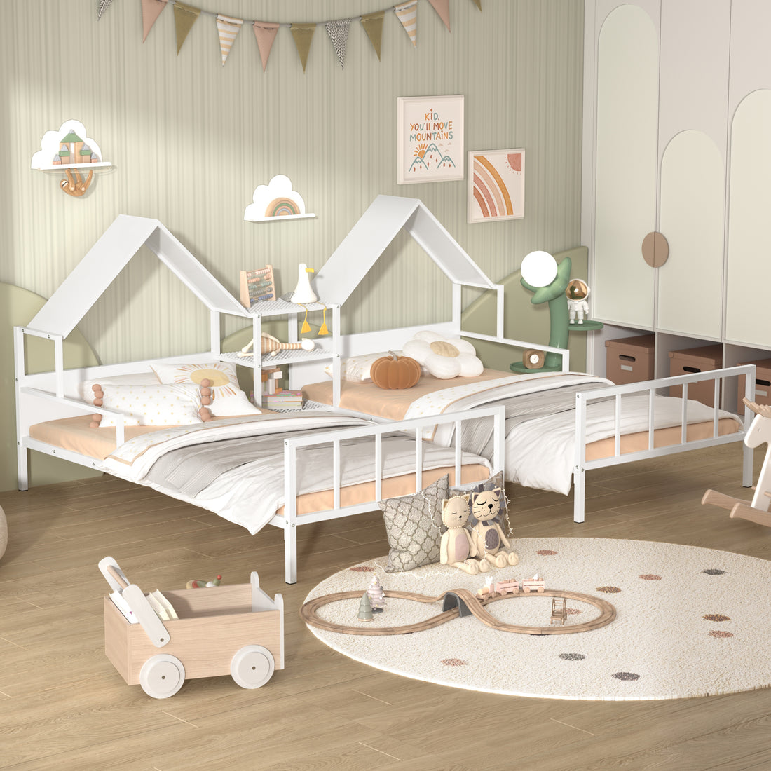 Metal Double Twin Size Platform Bed With House Shaped Headboard And A Built In Nightstand, White Box Spring Not Required Twin White Metal Metal