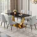 Table And Chair Set.Modern Rectangular Dining Table With Black Textured Stickers Glass Tabletop And Gold Plated Metal Legs.Paried With 6 Comfortable Chairs With Pu Seats And Black Metal Legs. Black