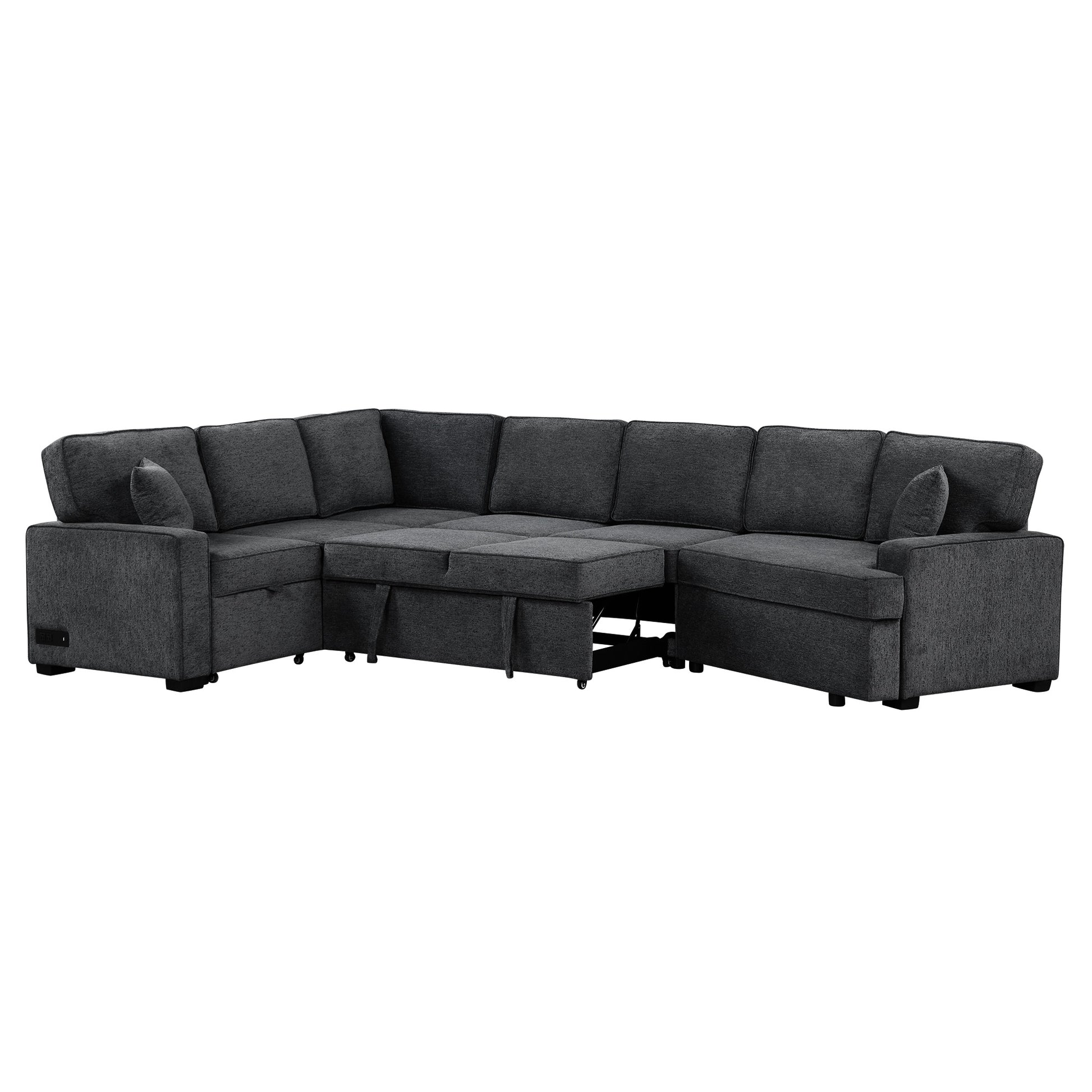 126" L Shaped Sofa Sectional Sofa Couch Pull Out Sofa Bed With Charging Devices And Cup Holders For Living Room, Blue Black Black Blue Foam Chenille 6 Seat