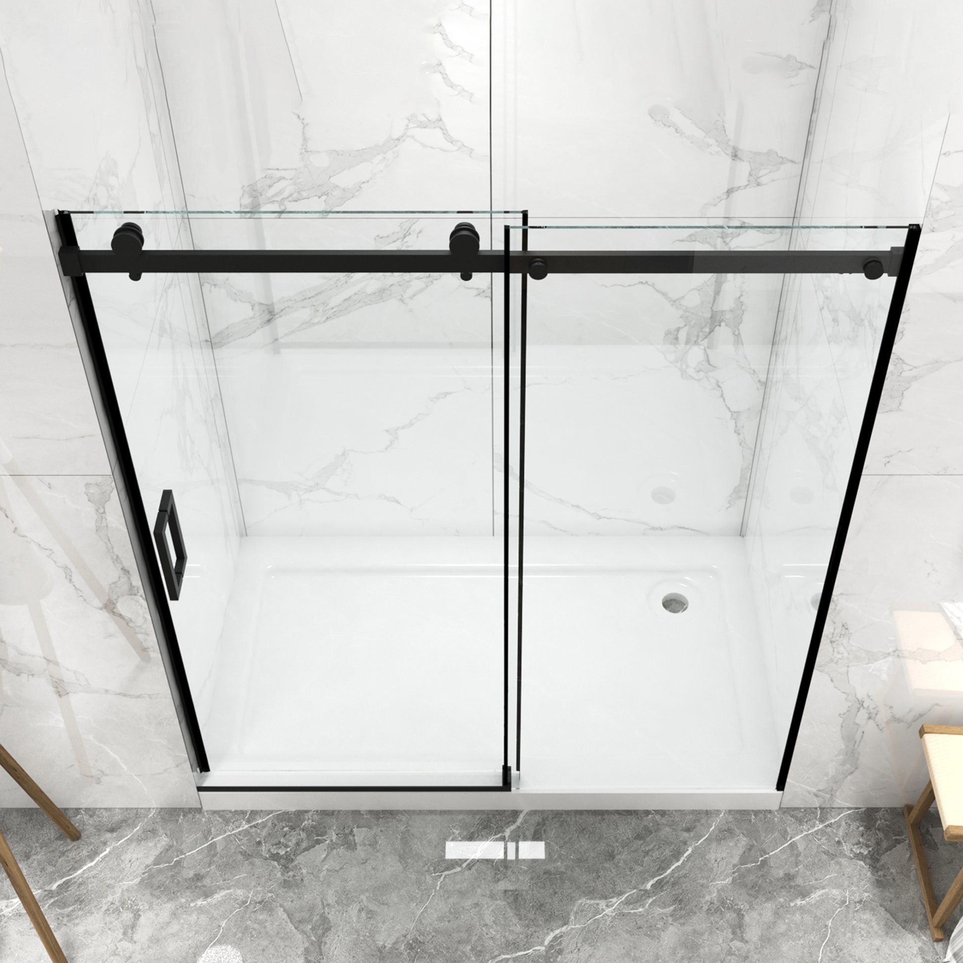 56" 60"W X 70"H Frameless , Sliding , With Premium 5 16" 8Mm Thick Tempered Glass Shower Enclosure,Double Side Easy Clean Coat,Matte Black Finished With Buffer Matt Black Bathroom American Design