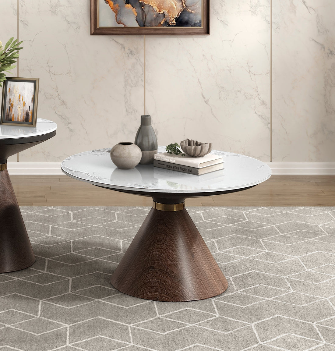 Luxury Living Room Furniture 1Pc Cocktail Table White Sintered Stone Top Decorative Oak Finish Wood With Gold Tone Metal Band Oak Primary Living Space Luxury,Modern Round Coffee & End Tables