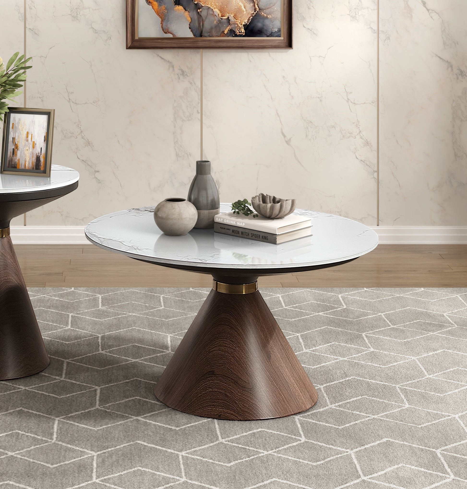 Luxury Living Room Furniture 1Pc Cocktail Table White Sintered Stone Top Decorative Oak Finish Wood With Gold Tone Metal Band Oak Primary Living Space Luxury,Modern Round Coffee & End Tables