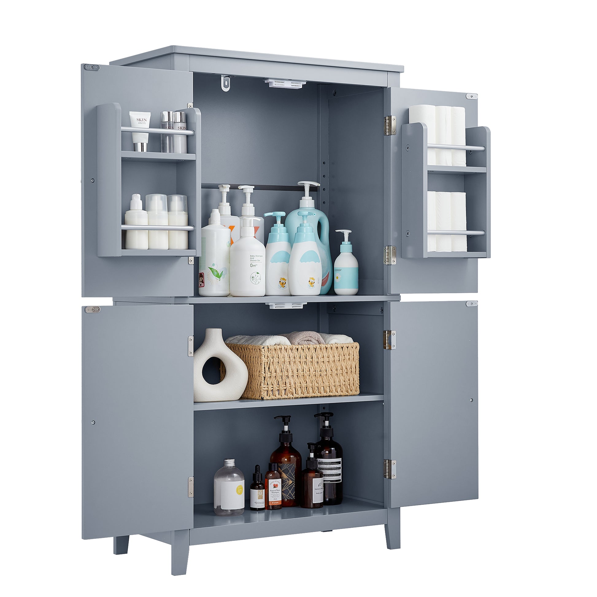 Elegant Bathroom Floor Storage Cabinet, Bathroom Storage Unit, Freestanding Cabinet With 4 Doors, Adjustable Shelves, Adaptable Shelves, Grey Grey Mdf