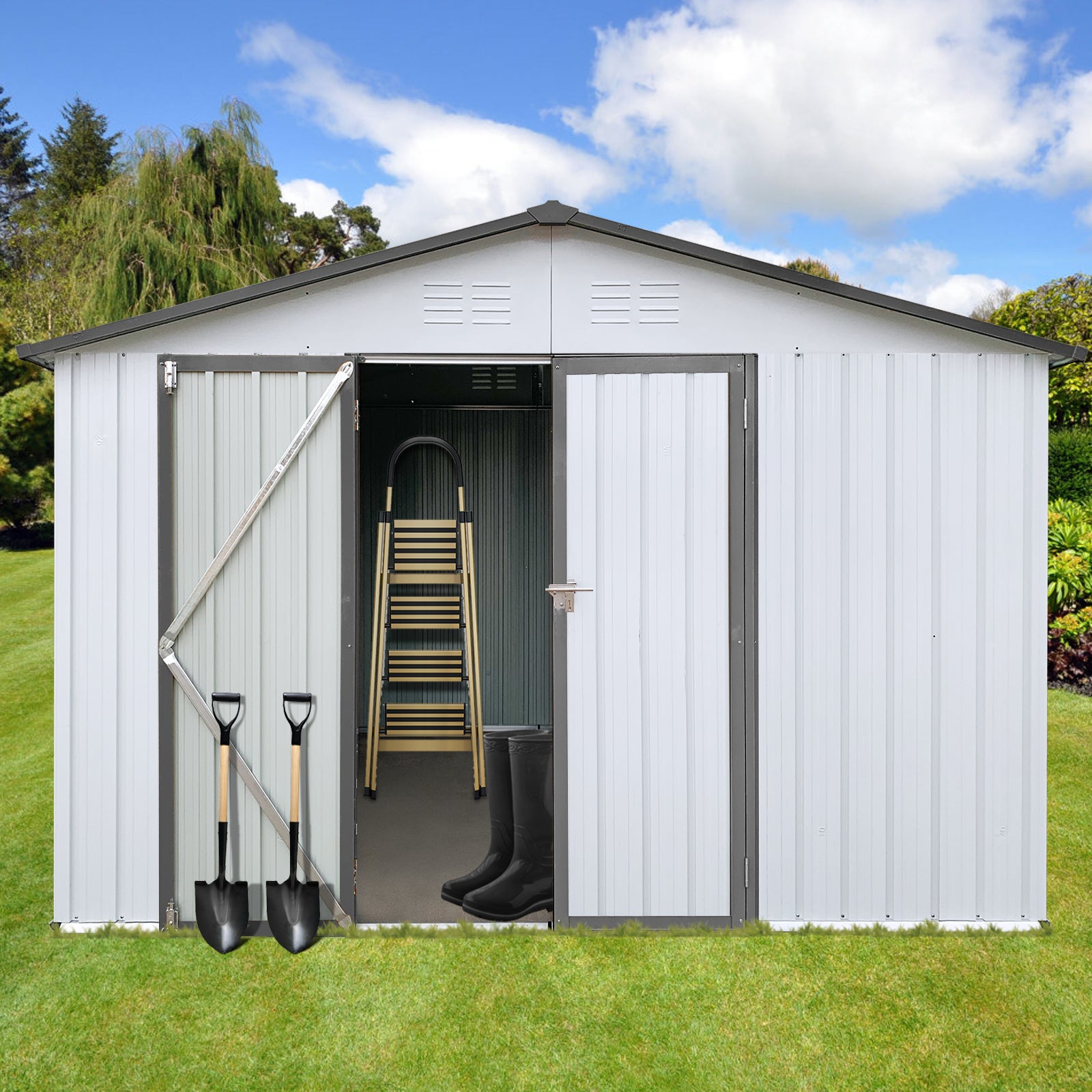 Metal Garden Sheds 10Ftx12Ft Outdoor White Grey White Gray Metal