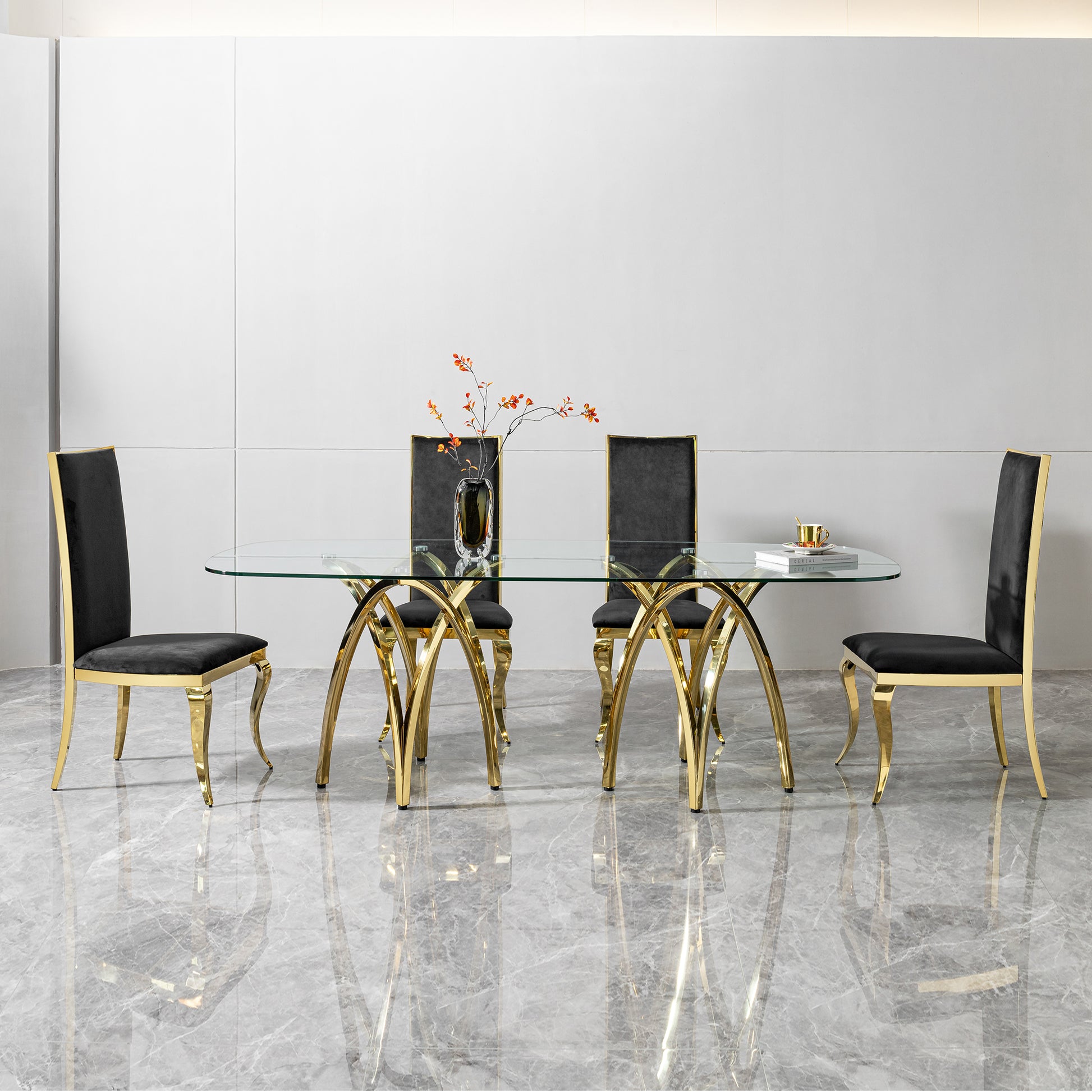 0.47" Thick Tempered Clear Glass Rectangular Big Dining Table With Gold Stainless Steel Base 86.61" L X 39.37" W X 29.92" H Gold Seats 8 Dining Room Modern Kitchen & Dining Tables Polished Oval Stainless Steel