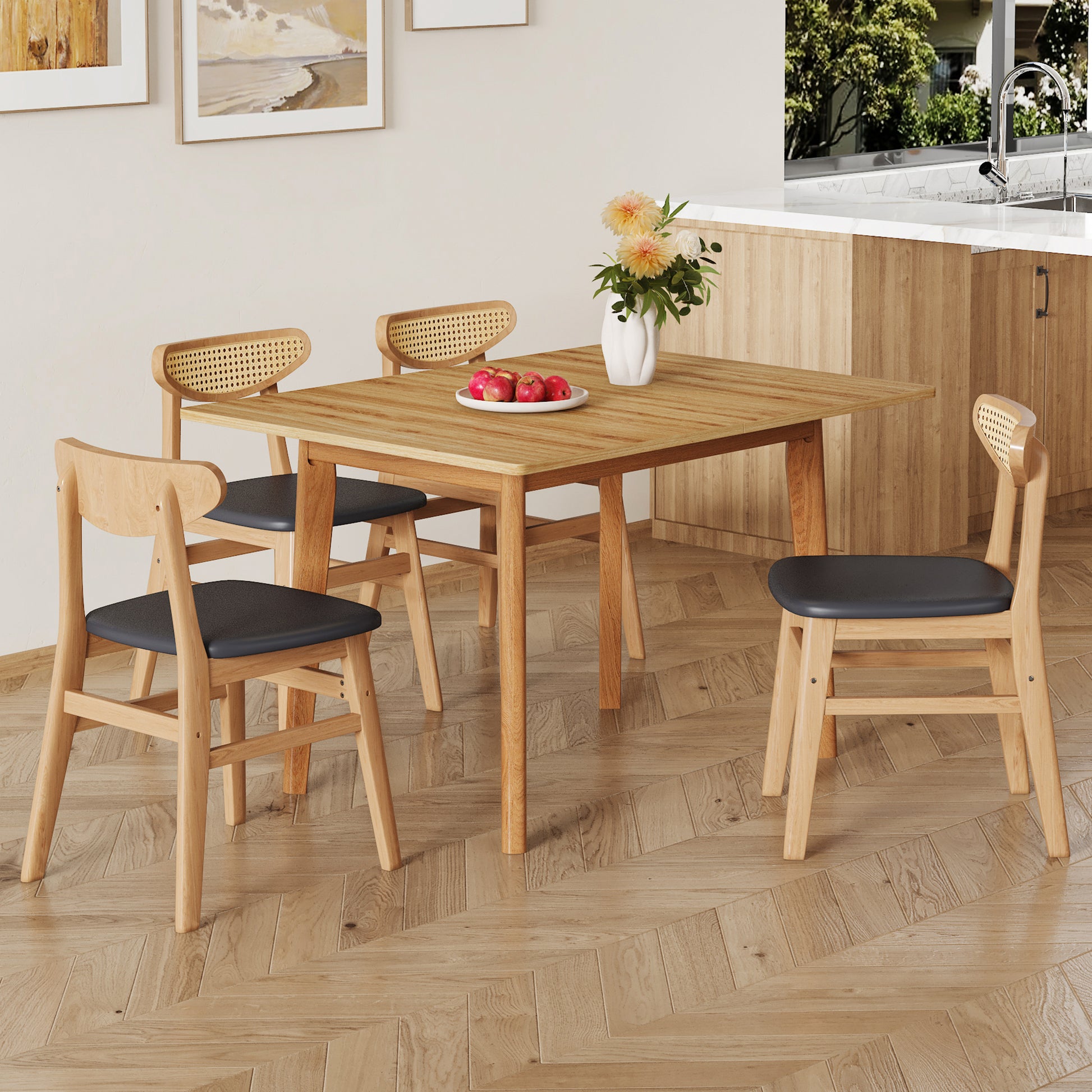 Wood Colored Mdf Desktop With Rubber Wooden Legs, Foldable Computer Desk, Foldable Office Desk, Solid Wood Dining Chair With Small Curved Back And Pu Cushion, Zd 1545 Dx 2361 Wood Seats 4 Wood