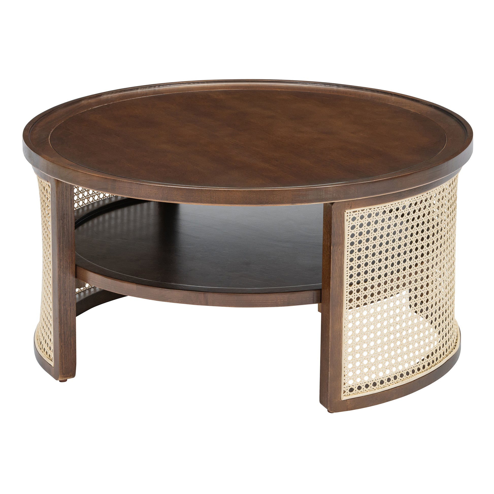 2 Tiered Round Walnut Wood Coffee Table With Storage Rattan Base In 31.3'' Walnut Rubber Wood