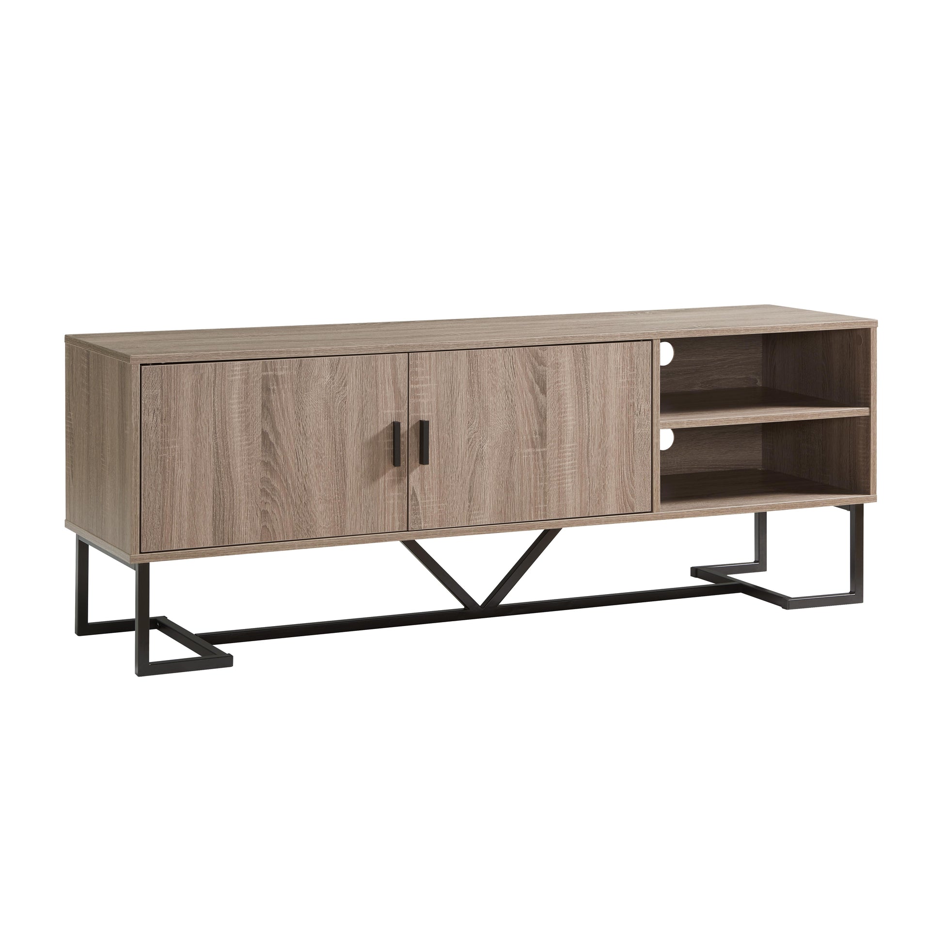 Sleek Dark Taupe Tv Stand With Black Metal Legs Stylish Storage With Open Shelves & Cabinets Taupe 60 69 Inches Mdf