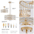 Modern Crystal Drum Chandelier, 6 Light Pendant Lighting Fixture With Golden Metal Frame For Living Room, Dining Room, And Bedroom Bulbs Not Included Gold Crystal Iron