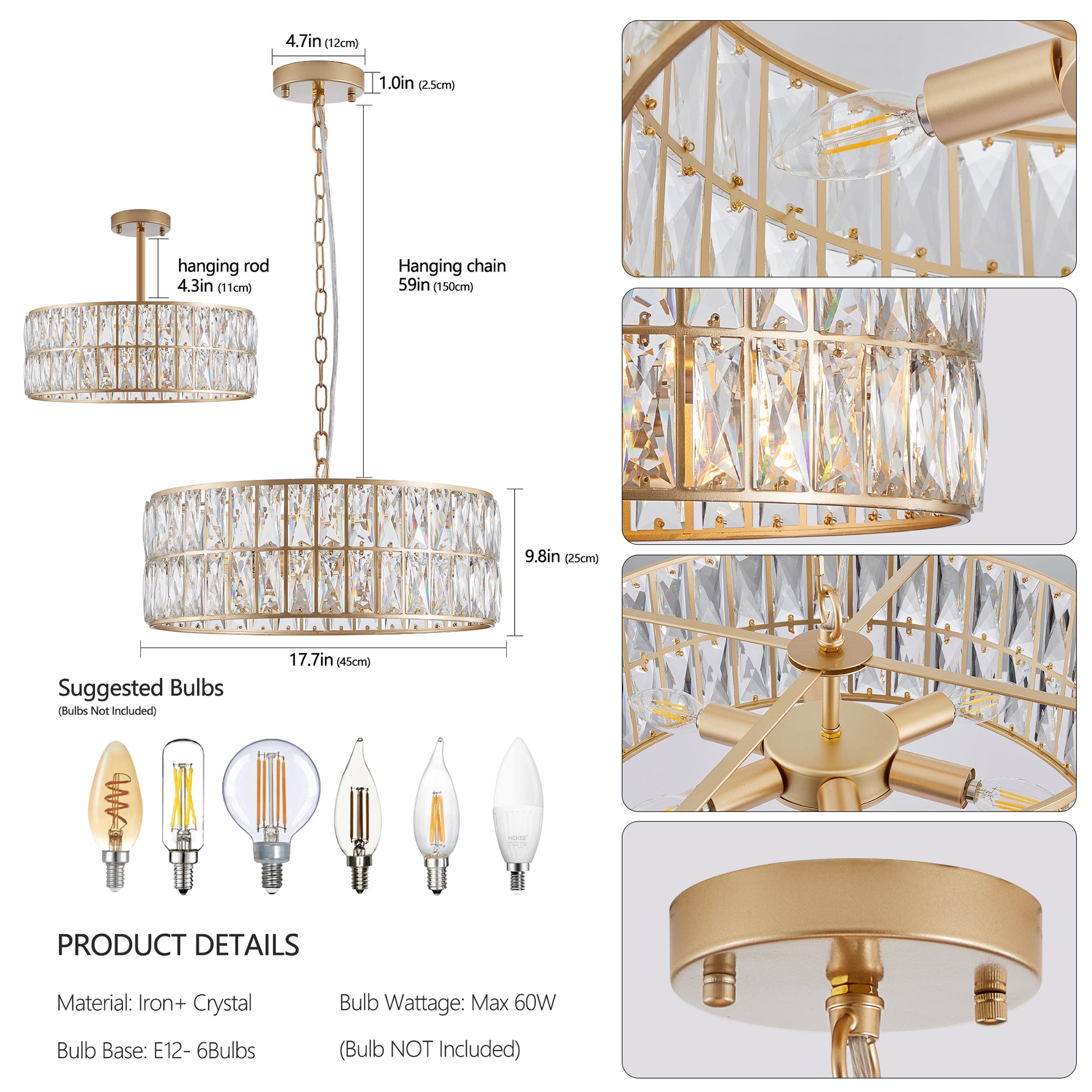 Modern Crystal Drum Chandelier, 6 Light Pendant Lighting Fixture With Golden Metal Frame For Living Room, Dining Room, And Bedroom Bulbs Not Included Gold Crystal Iron