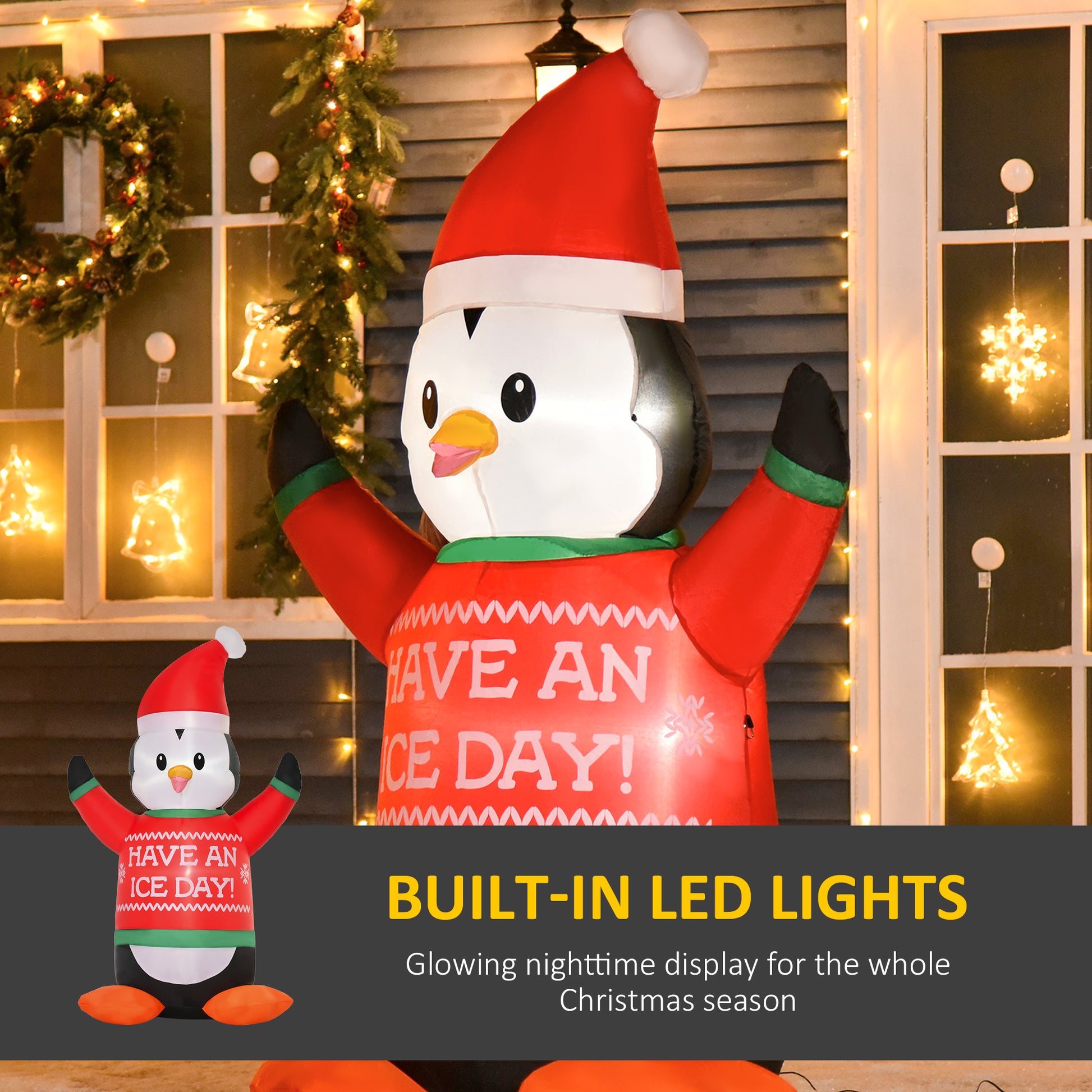 Homcom 6Ft Christmas Inflatables Outdoor Decorations Penguin Wearing Christmas Sweater, Blow Up Yard Christmas Decor With Led Lights Display Red Polyester
