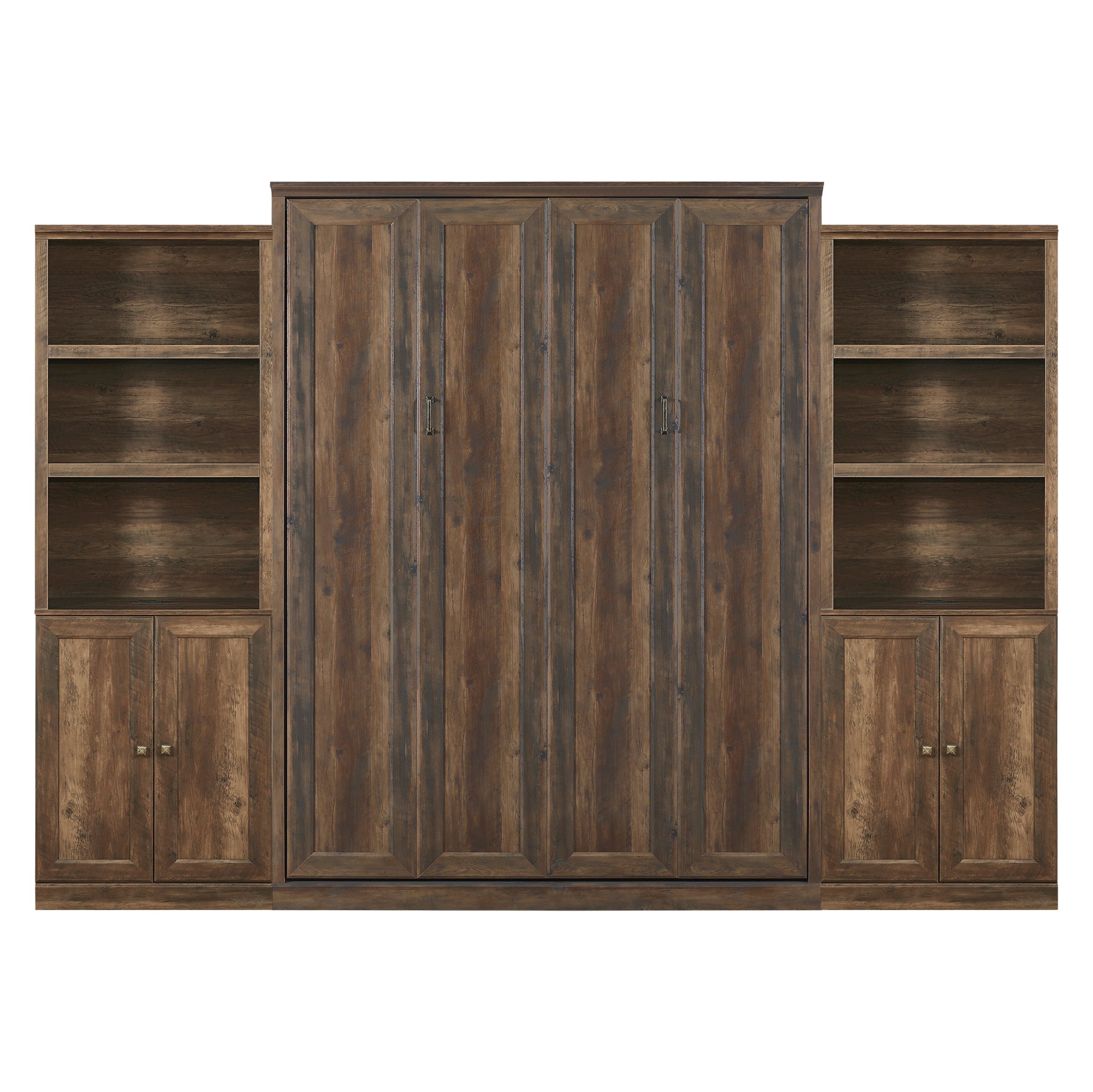 Queen Size Half Self Close And Open Murphy Bed With 2 Side Cabinet Storage Shelf, Cabinet Space Saving Bed Perfect For Guest Room, Bed Room, Guest Room, Home Office, Brown Box Spring Not Required Queen Brown Wood Brown Pine Murphy Solid Wood Mdf