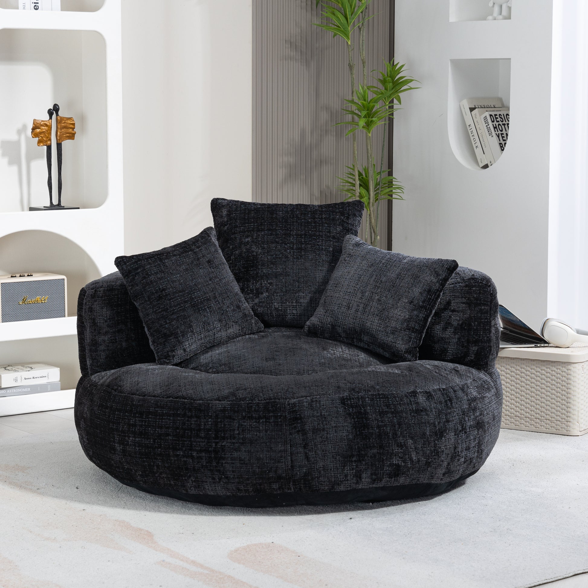 Coolmore Lazy Sofa Durable Comfort Lounger High Back Bean Bag Chair Couch With Three Pillows For Adults And Kids, Indoor & Outdoor, Single Gaming Sofa Chair For Bedroom,Office Black Chenille Black Foam Chenille 1 Seat