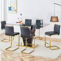 Table And Chair Set,Clear Tempered Glass And Black Legs Of The Table, Pu And Gold Legs Of The Chair Black Seats 6 Tempered Glass