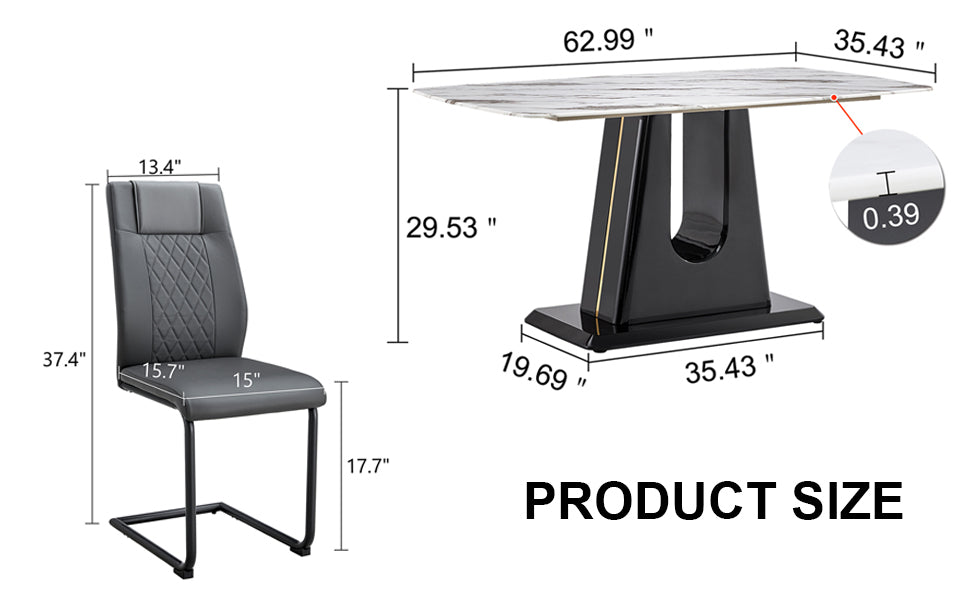 Table And Chair Set, Modern And Minimalist Dining Table, Imitation Marble Patterned Tabletop, Mdf Legs With U Shaped Brackets. Paired With Comfortable Chairs, Suitable For Dining And Living Rooms. Black Mdf Glass