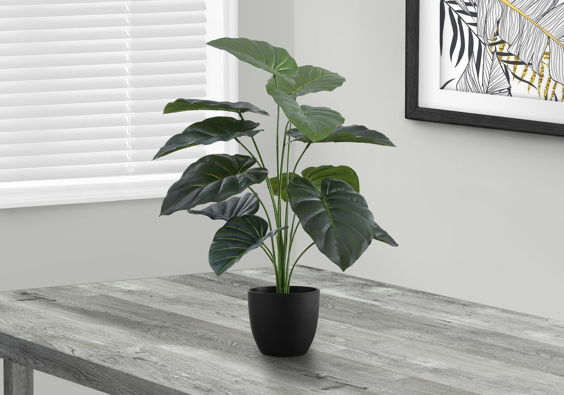 Artificial Plant, 24" Tall, Alocasia, Indoor, Faux, Fake, Table, Greenery, Potted, Real Touch, Decorative, Green Leaves, Black Pot Green Foam Plastic