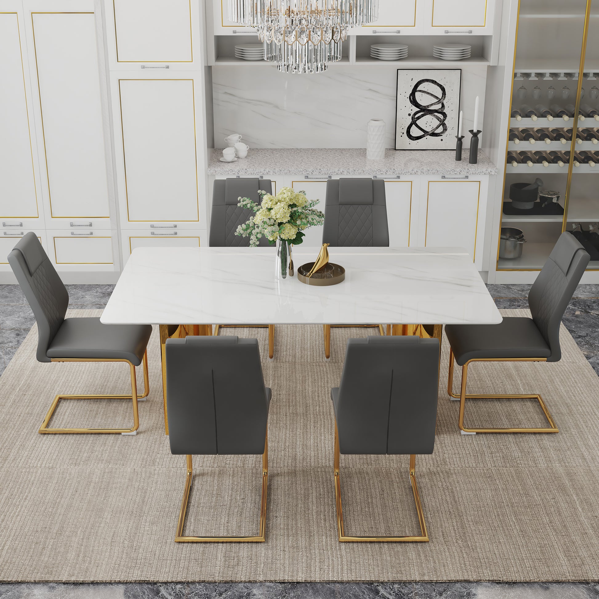 Table And Chair Set.The Table Has A Glass Tabletop With Imitation Marble Pattern Stickers And Stainless Steel Golden Table Legs. Paried With Comfortable Chairs With Pu Seats And Metal Legs. White Gold Seats 6 Glass Metal