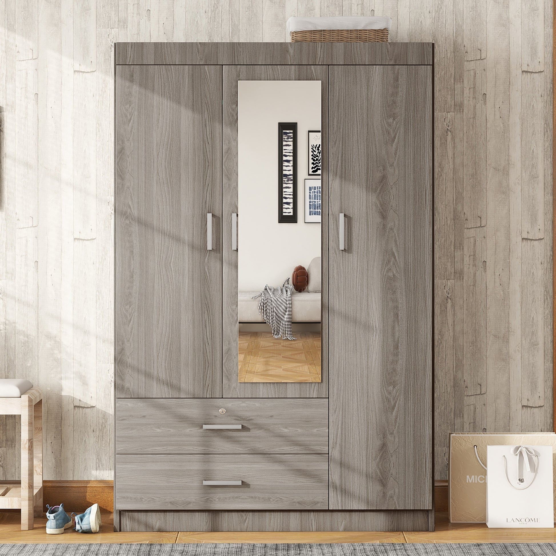 3 Door Mirror Wardrobe With Shelves, Gray Gray Plywood