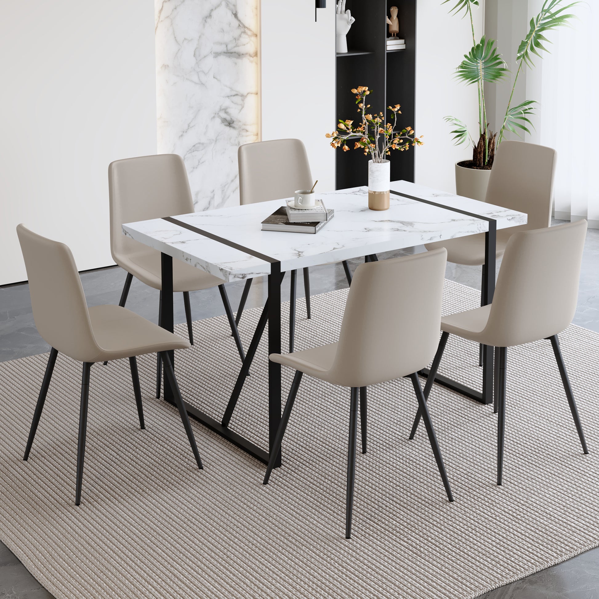 Table And Chair Set.A Modern Minimalist White Marble Veined Mdf Dining Table With Metal Frame.Paried With 6 Chairs With Pu Cushions And Black Metal Legs. Light Gray,White Seats 6 Mdf Metal