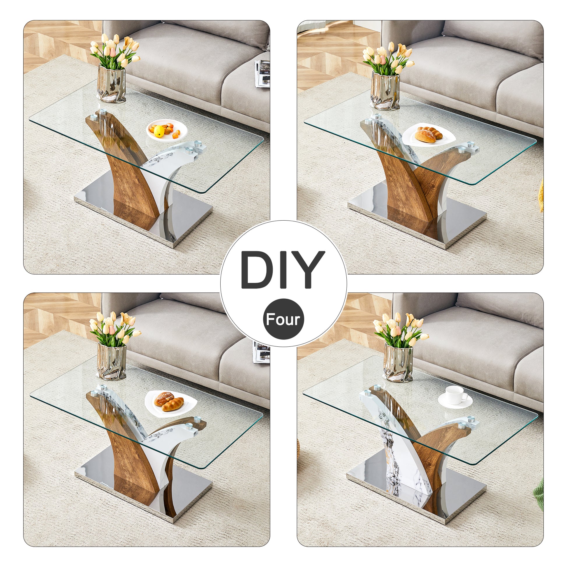 Rectangular Coffee Table.Tempered Glass Countertop, And Artistic Mdf Legs,Perfect For Hosting Dinners, Conferences, Home, And Office Decorations.White And Wood,Dining Table,Tea Table.Coffee Table.