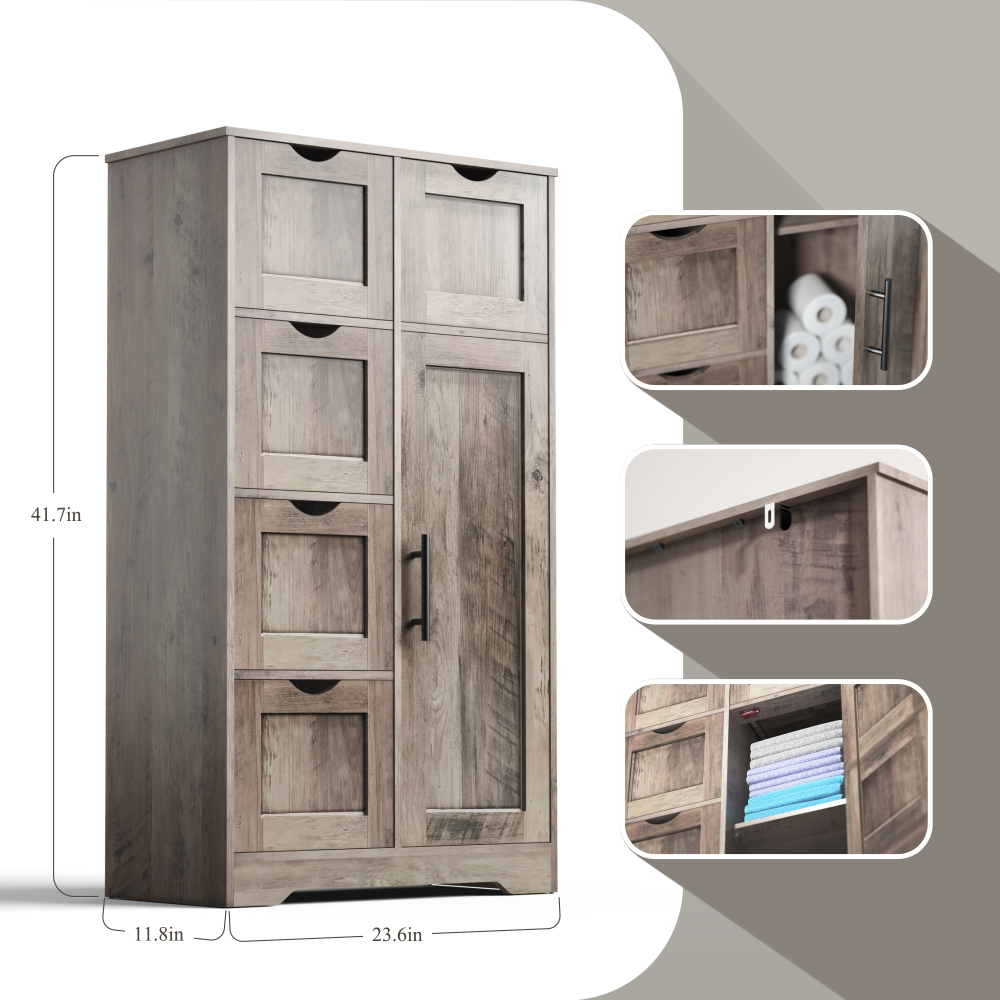 Bathroom Storage Cabinet With Storage 5 Drawers And 1 Door, Entryway Cabinet With Adjustable Shelf, Accent Cabinet For Bathroom Kitchen Living Room And Office, Grey Grey Wood