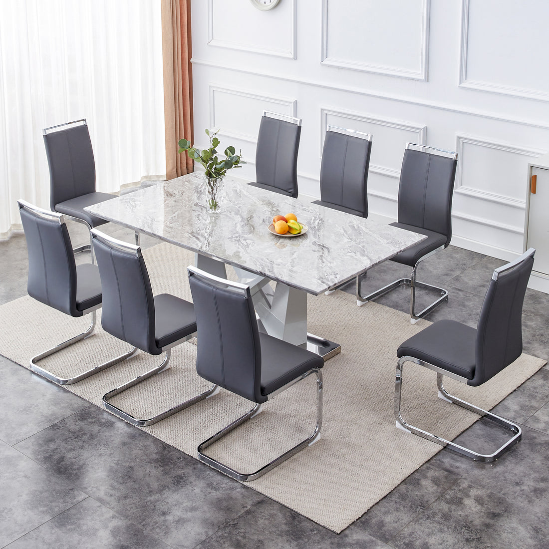 1 Table And 8 Chairs Set.Modern Grey Mdf Faux Marble Dining Table With Double V Shaped Supports.Paired With 8 Modern Pu Artificial Leather Soft Cushion With Silver Metal Legs.F Vv,C 1162 Gray Seats 8 Mdf Metal