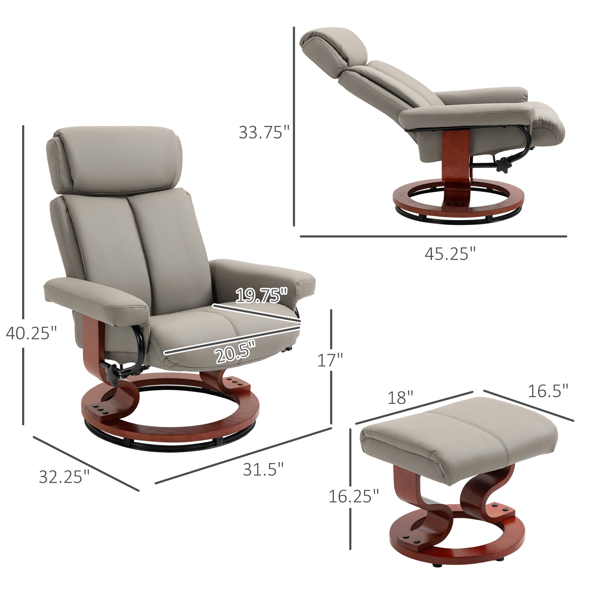 Homcom Recliner Chair With Ottoman, 360 Swivel Reclining Chair With Wood Base And Matching Footrest, Grey Grey Pu