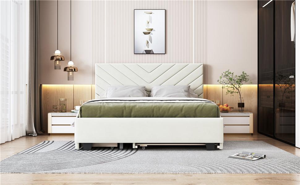 Queen Size Upholstered Platform Bed With Twill Headboard, Pullout Bed And Two Drawers, Flannel, Beige Queen Beige Mdf Lvl