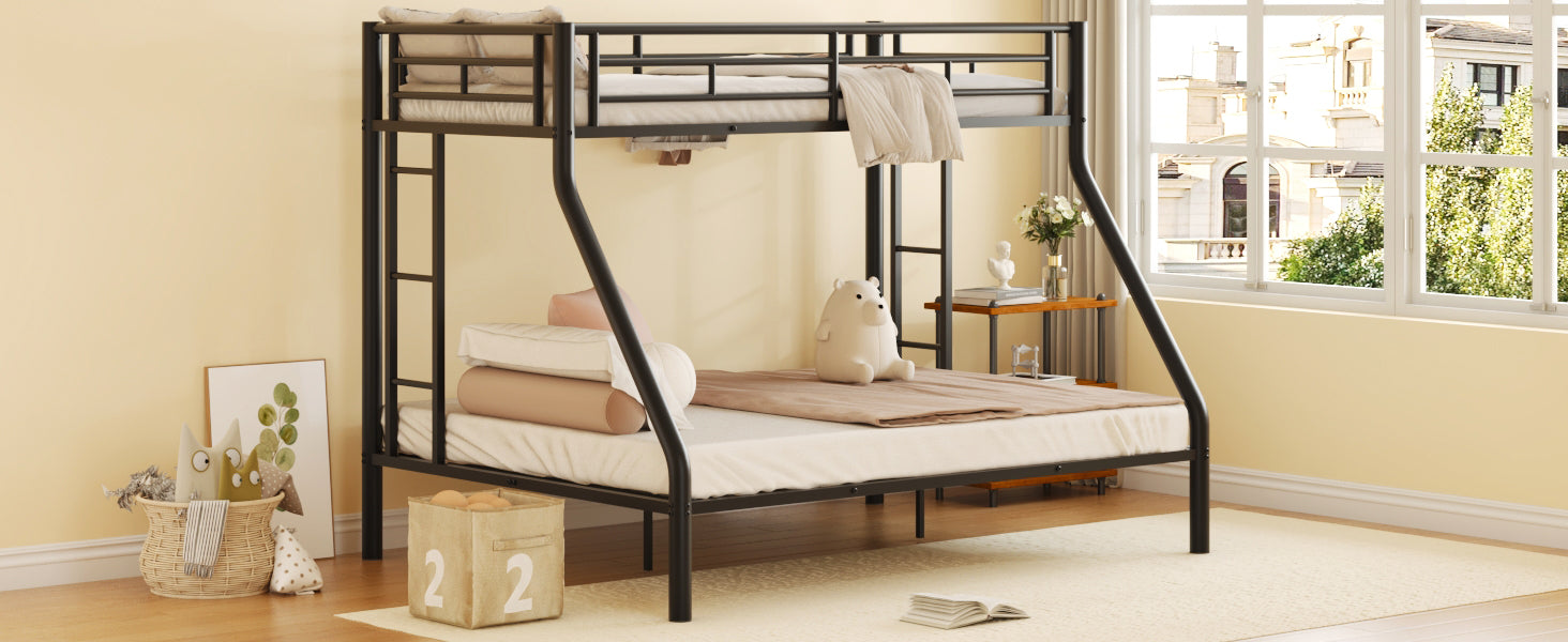 Twin Xl Over Queen Metal Bunk Bed With Ladder And Guardrails, Black Box Spring Not Required Twin Xl Black Metal Metal