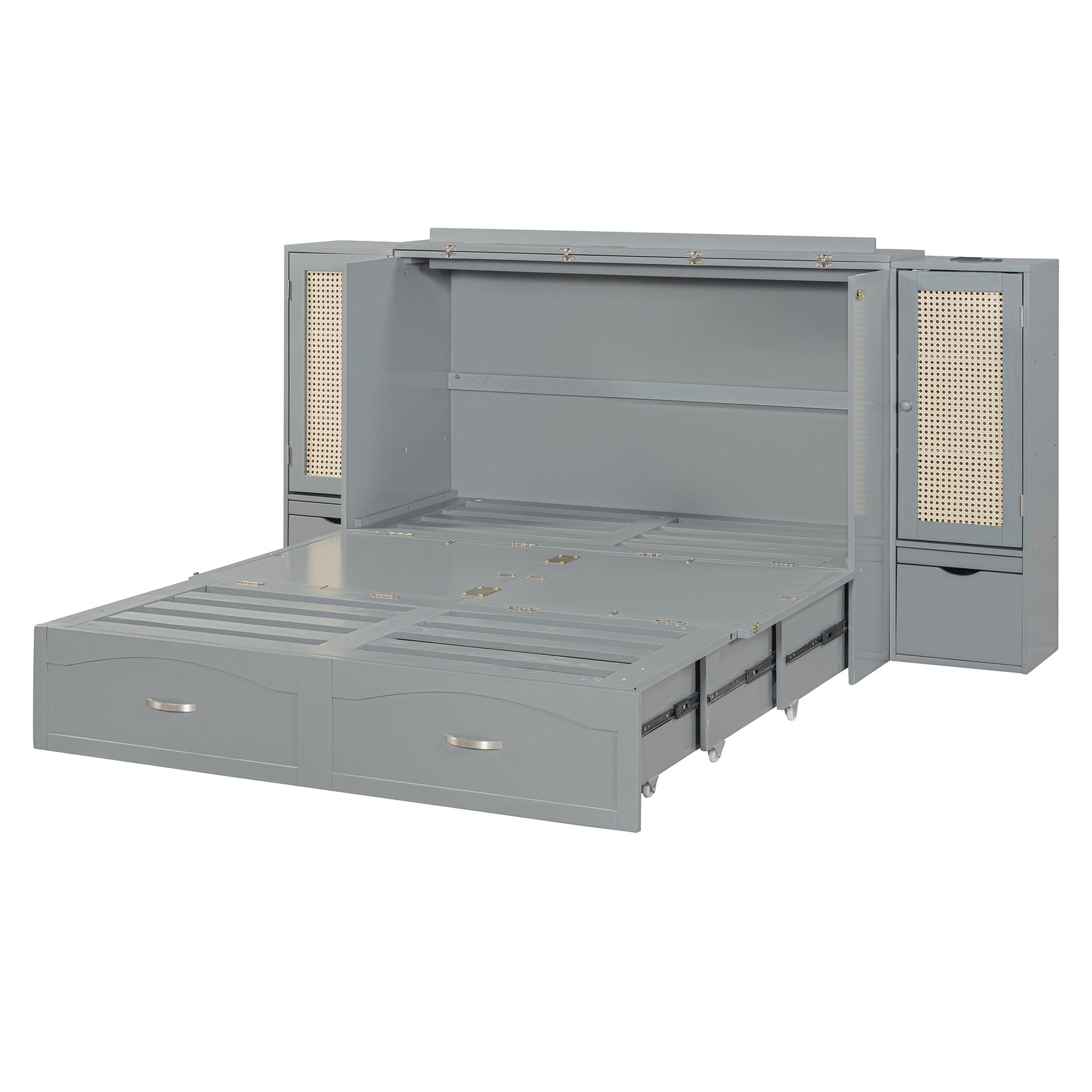 Full Size Murphy Bed Wall Bed With Drawer And Rattan Decoration With 2 Storage Cabinets, One Set Of Sockets & Usb Ports, Pulley Structure Design, Gray Full Gray Plywood