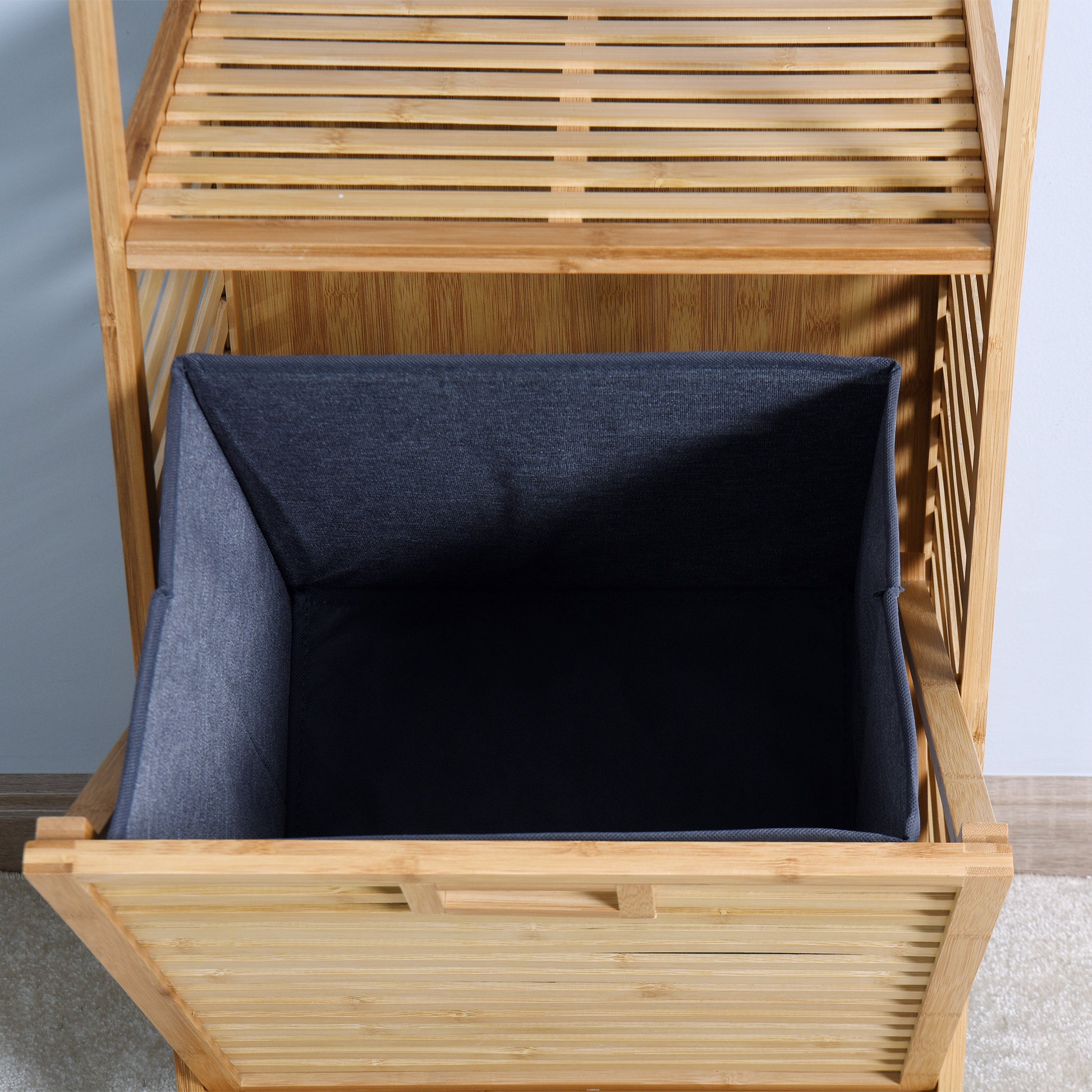 Bathroom Laundry Basket Bamboo Storage Basket With 2 Tier Shelf 17.32 X 13 X 37.8 Inch Natural Bamboo