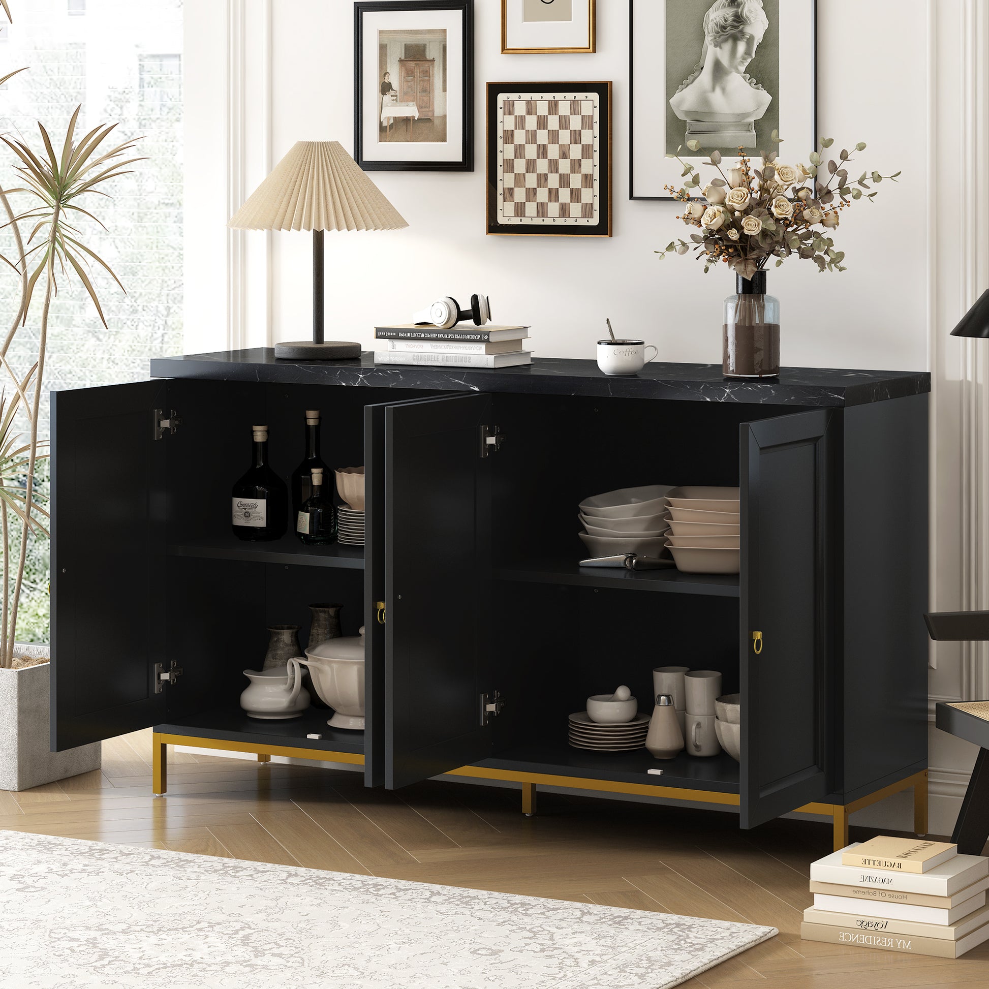 Modern Sideboard With Extra Large Storage Space With Metal Handles And Support Legs For Living Room And Dining Room Black Black Mdf